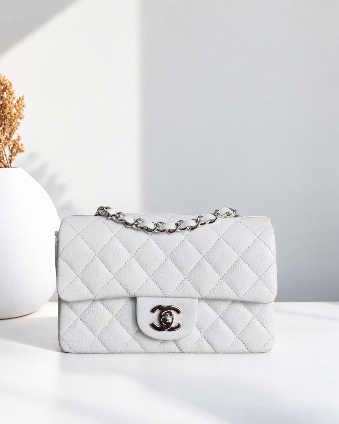 Chanel Mini Rectangle Classic Flap - 20CM Caviar Quilted White Silver Hardware Series 18
