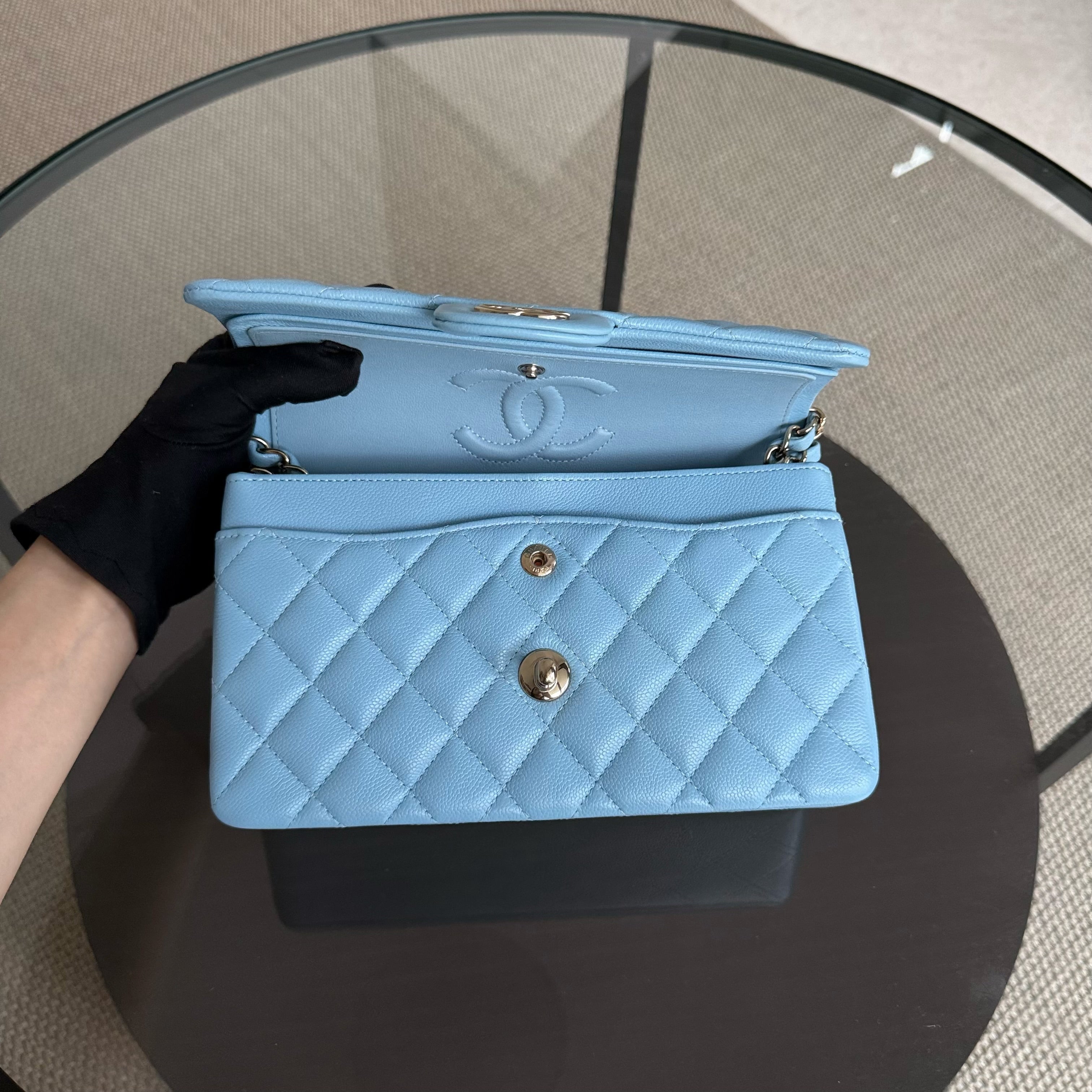 Chanel Classic Flap Small - Caviar 23CM Quilted Baby Blue Light Gold Hardware Microchip