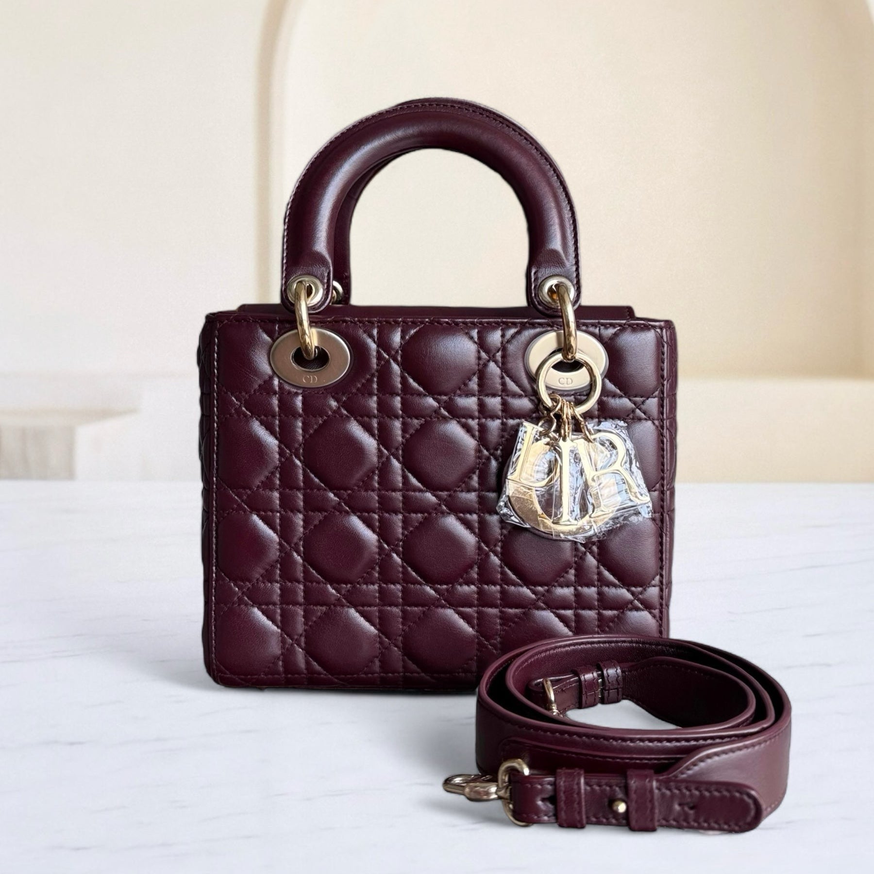 Dior Lady Small Flap - Cannage Lambskin Burgundy Red Gold Hardware