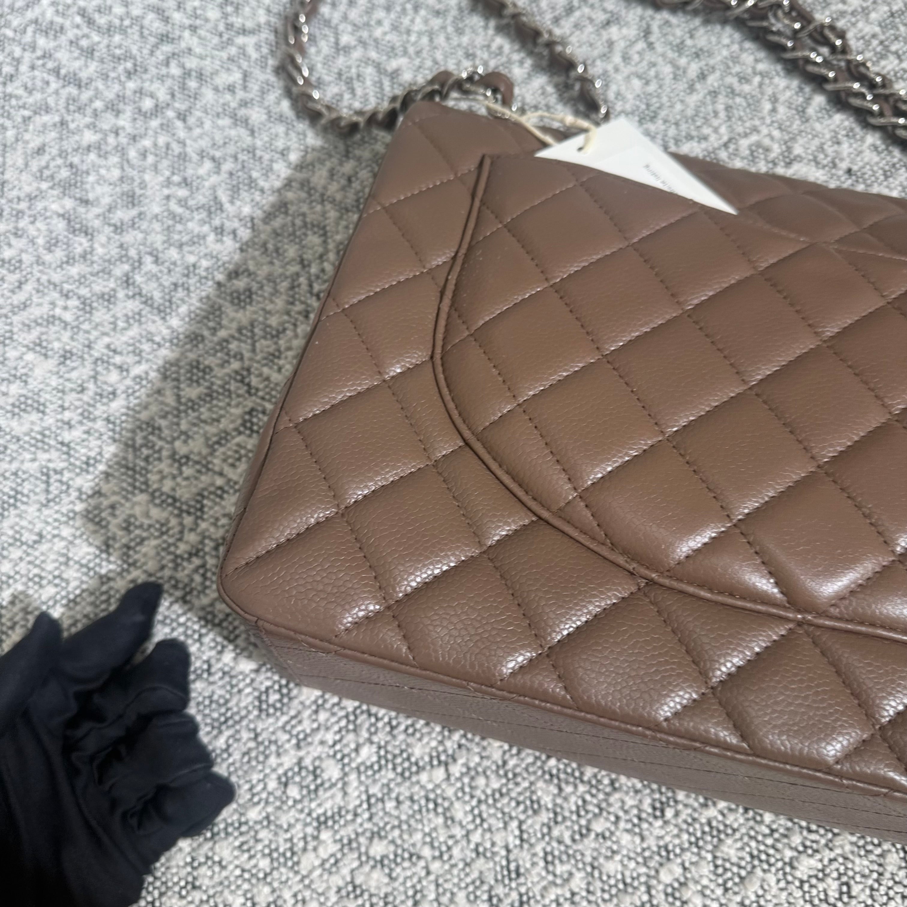 Chanel Classic Flap Maxi - Caviar 33CM Single Flap Quilted Brown Silver Harware