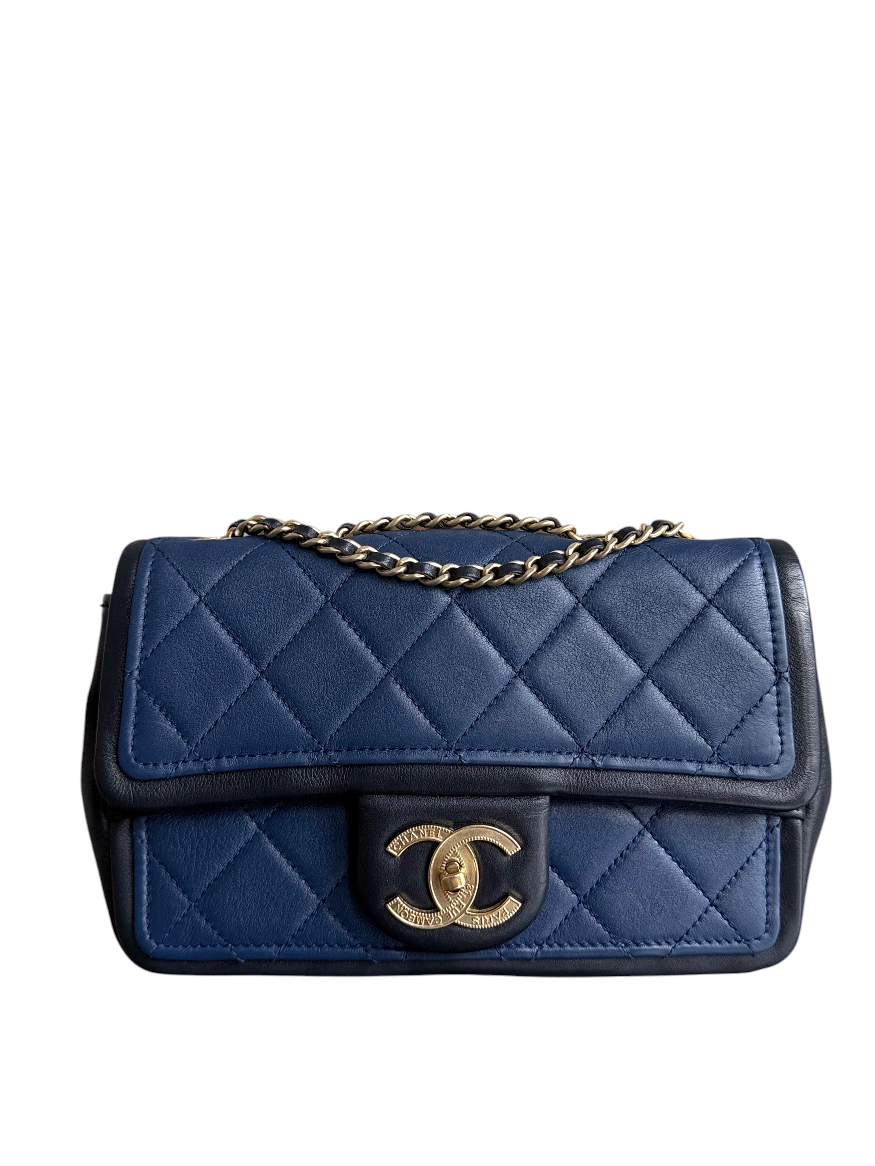 Chanel Seasonal Flap Small - 23CM Quilted Lambskin Bi-Color Blue Black Gold Hardware