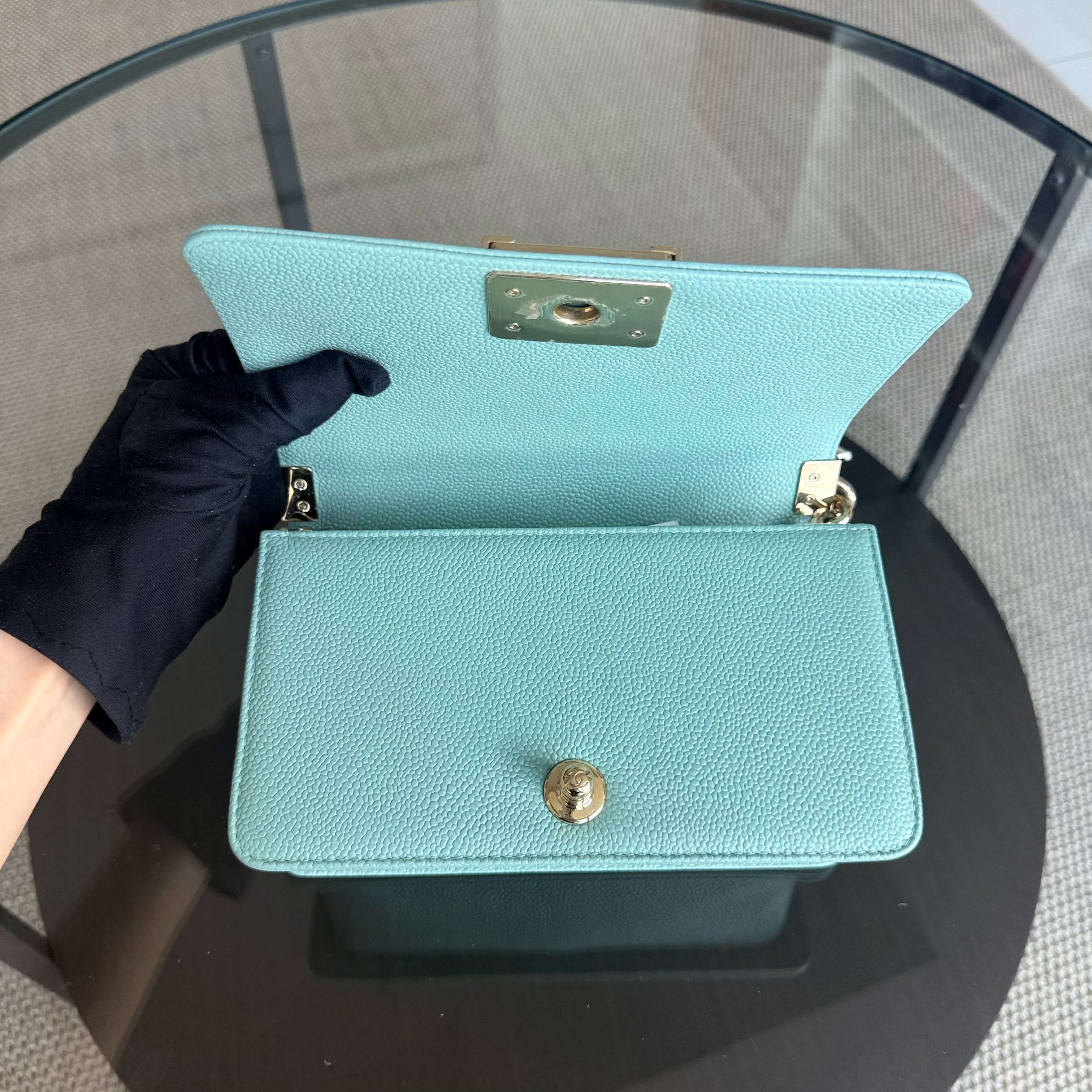 Chanel Boy Small - Caviar 20CM Quilted Tiffany Blue Gold Hardware Series 28