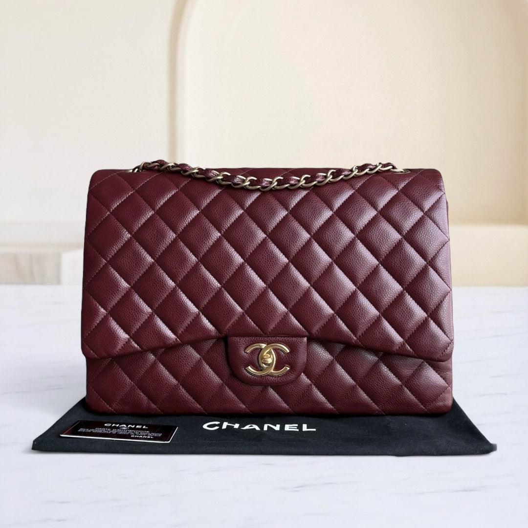 Chanel Classic Flap Maxi - Caviar Double Flap Quilted Burgundy Gold Hardware Series 21