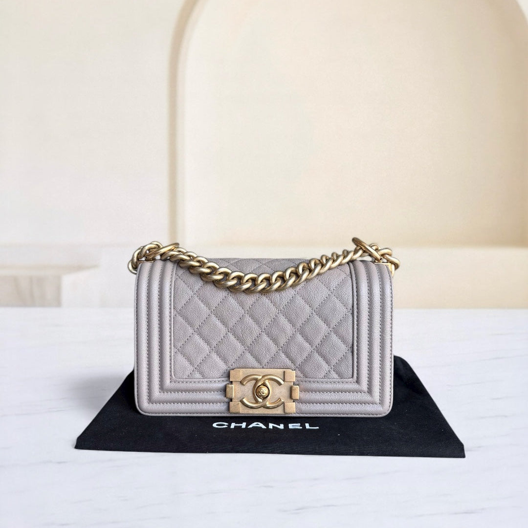 Chanel Boy Small - Caviar 20CM Quilted Grained Calfskin Grey Gray Gold Hardware Series 27
