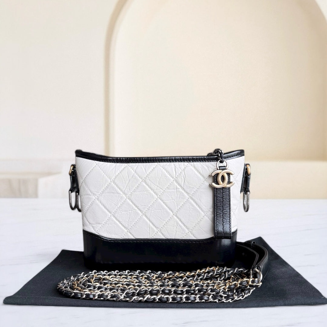 Chanel Gabrielle Small - 20CM Quilted Calfskin White Black Two-Tone Hardware