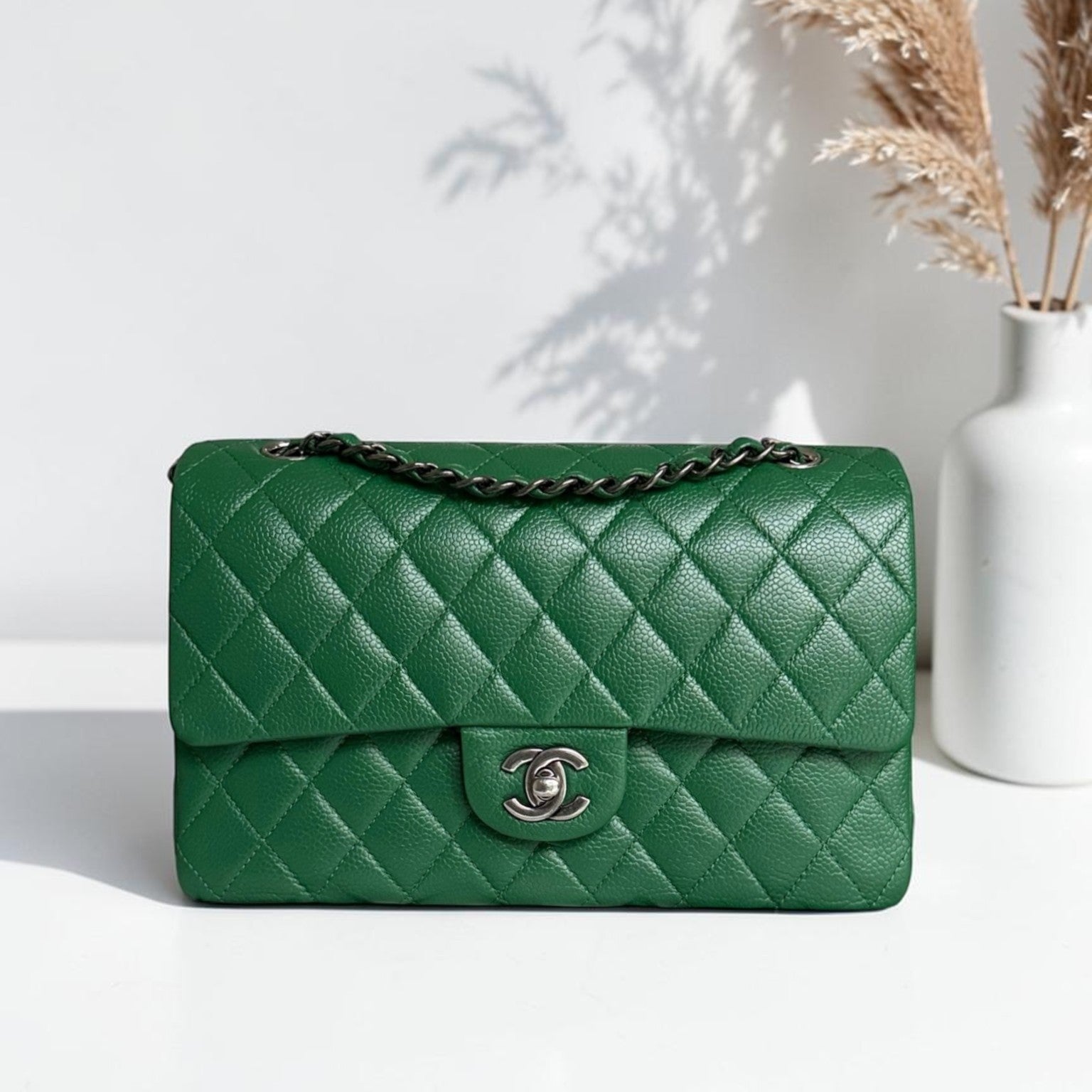 Chanel Classic Flap Medium - Caviar 25CM Quilted Double Flap Green Silver Hardware Series 21