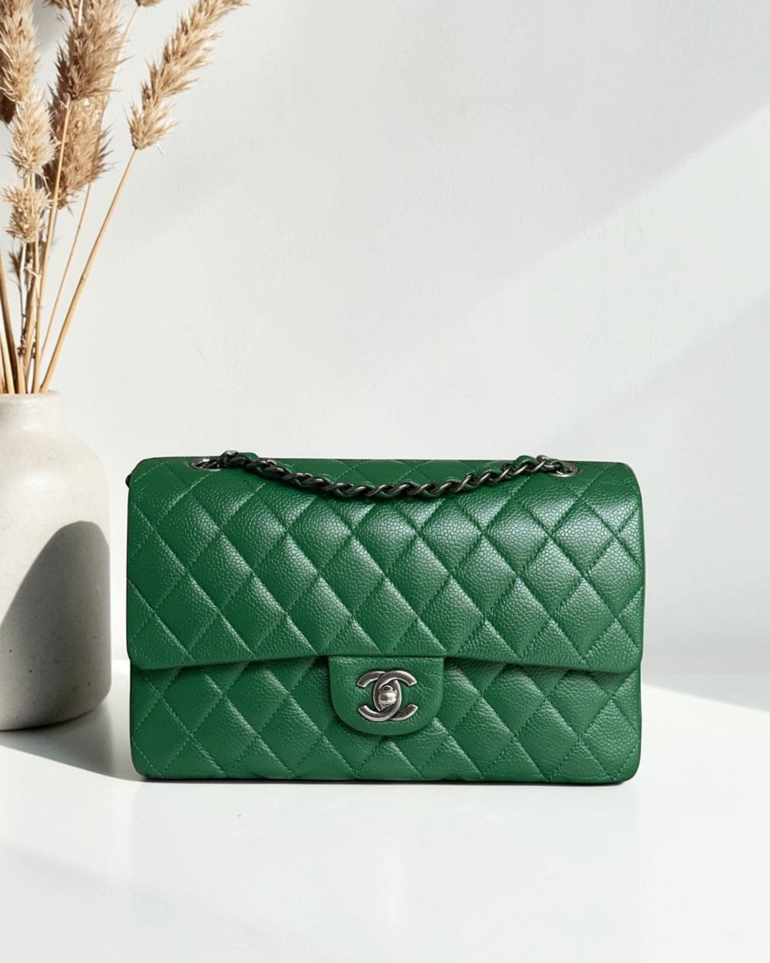 Chanel Classic Flap Medium - Caviar 25CM Quilted Double Flap Green Silver Hardware Series 21