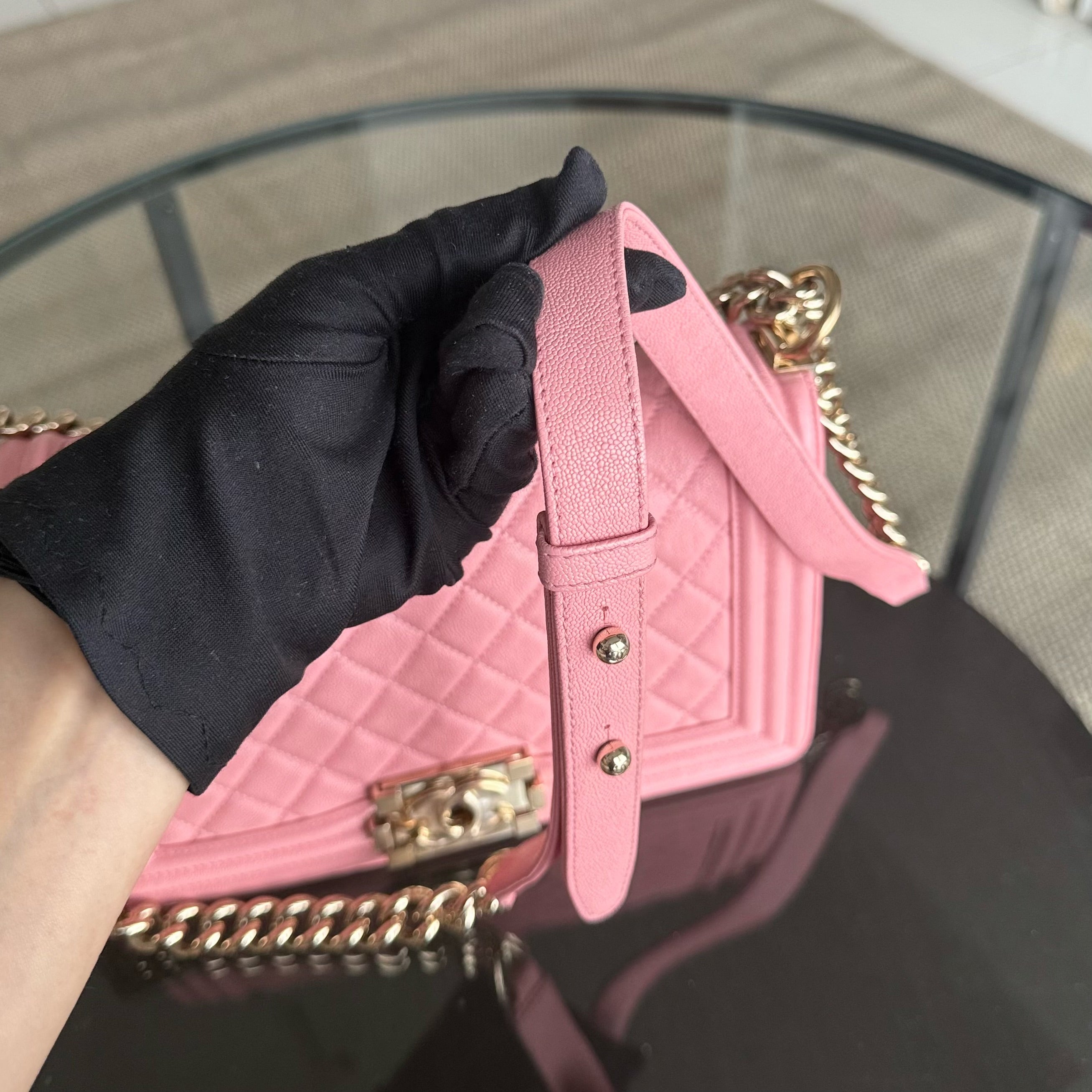 Chanel Boy Medium - Caviar 25CM Quilted Pink Gold Hardware Series 27