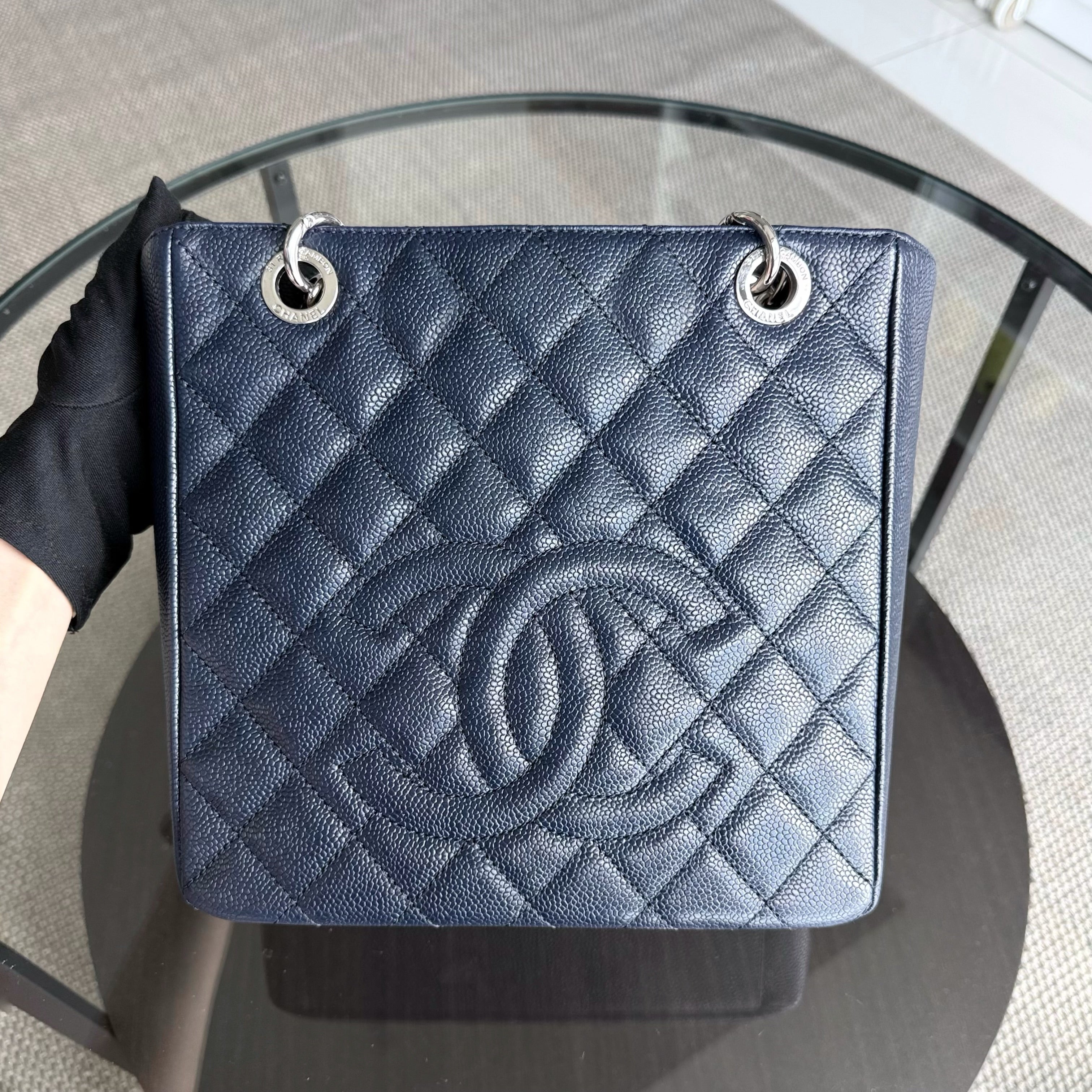 Chanel PST Petite Shopping Tote - Caviar 24CM Quilted Dark Blue Silver Hardware Series 18