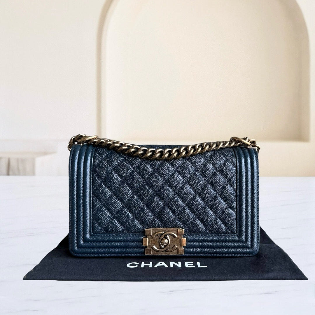 Chanel Boy Medium - Caviar 25CM Quilted Dark Blue Ruthenium Gold Hardware Series 19