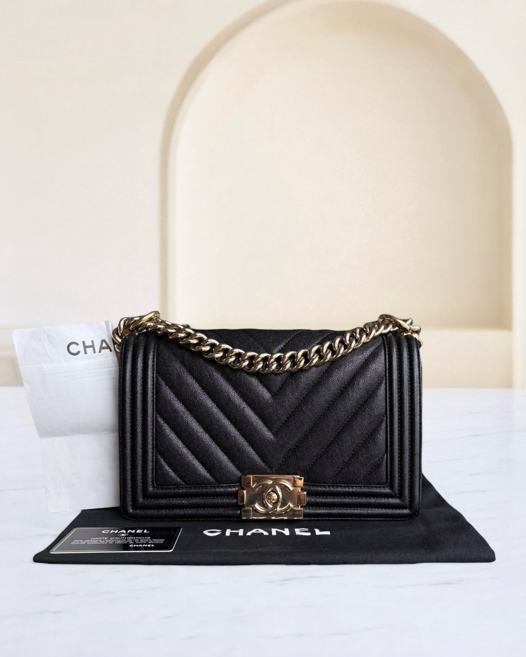 Chanel Boy Medium - Caviar 25CM Chevron Black Gold Hardware Series 28