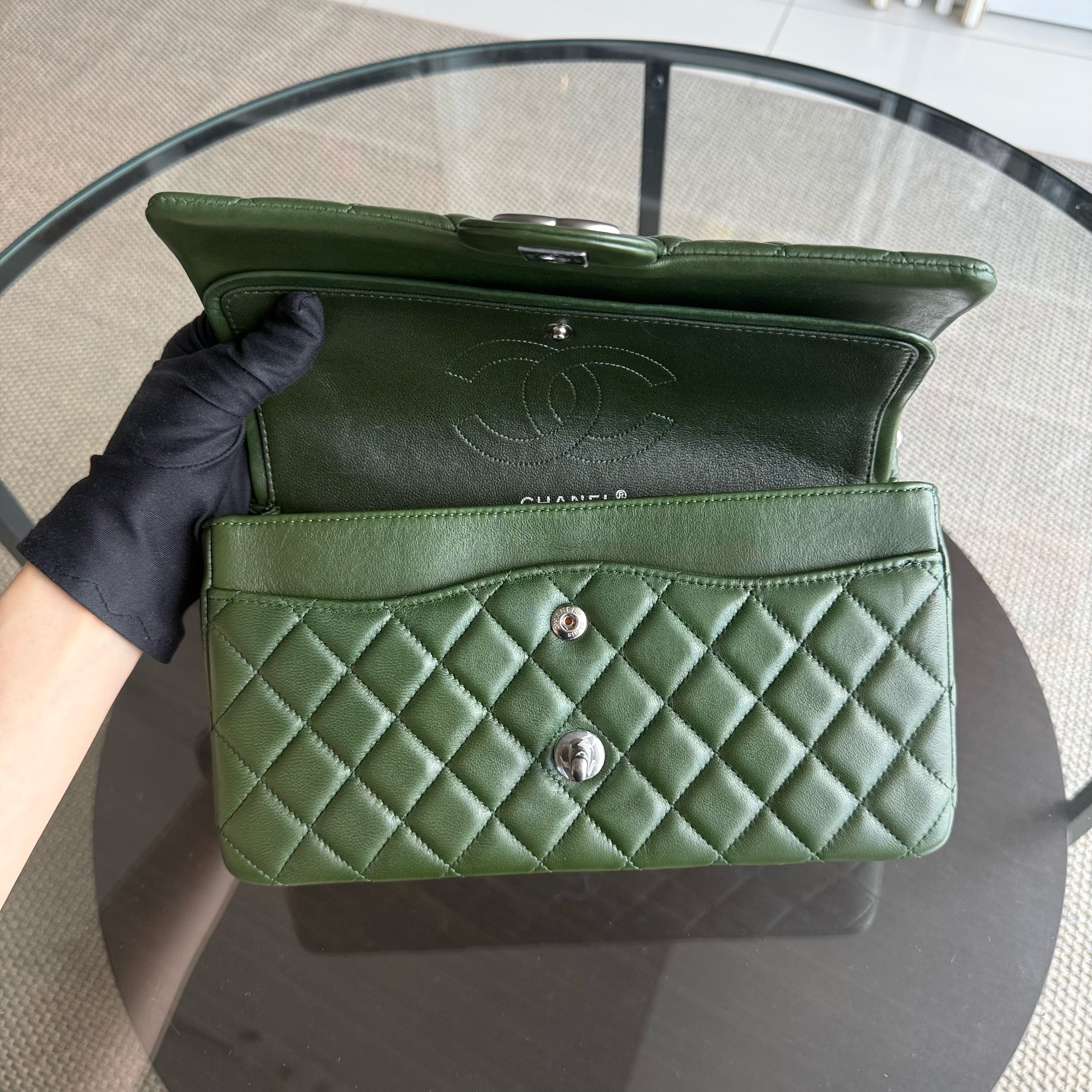 Chanel Classic Flap Medium - 25CM Quilted Lambskin Dark Green Silver Hardware Series 12
