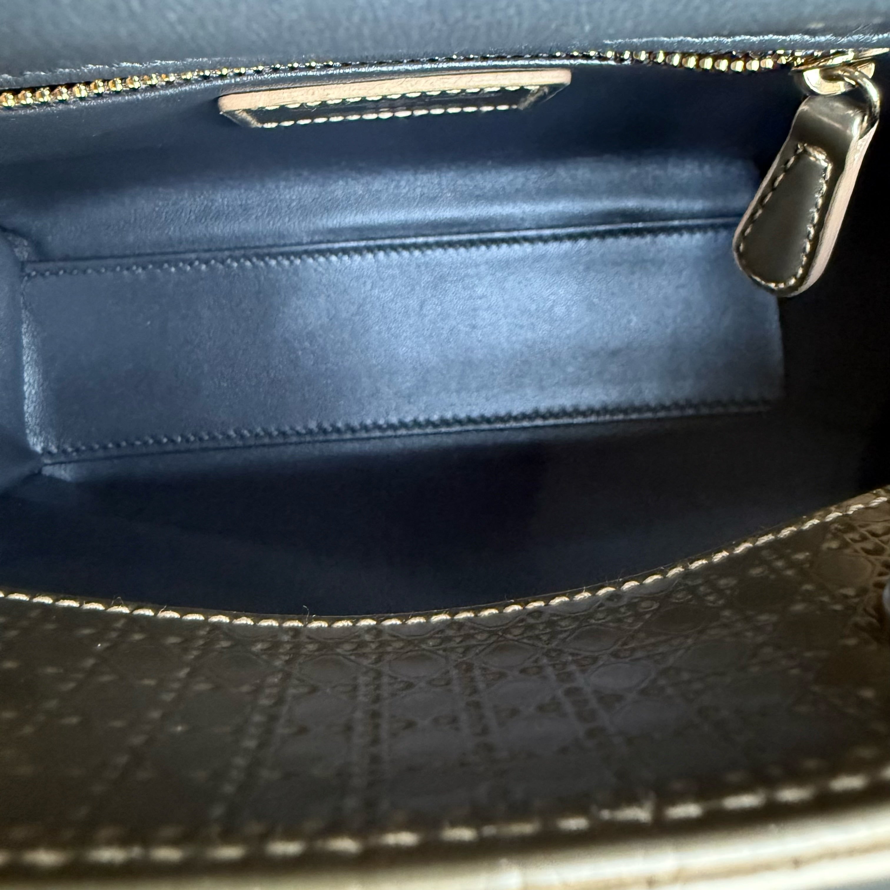 Dior Lady Mini - Calfskin Micro-Cannage Metallic Gold Gold Hardware Chain Strap