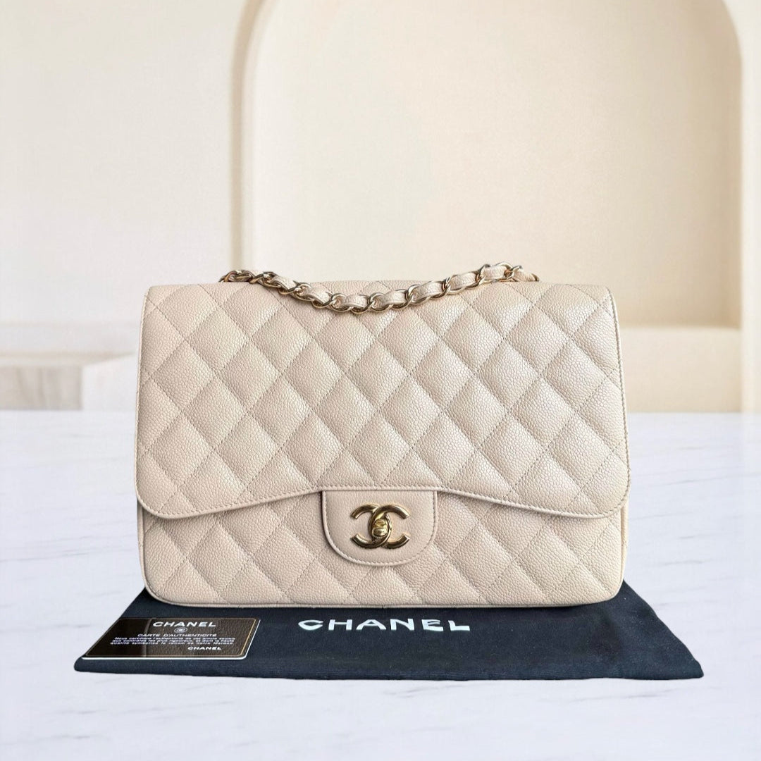 Chanel Classic Flap Jumbo - Caviar Quilted Grained Calfskin Light Beige Gold Hardware Series 13