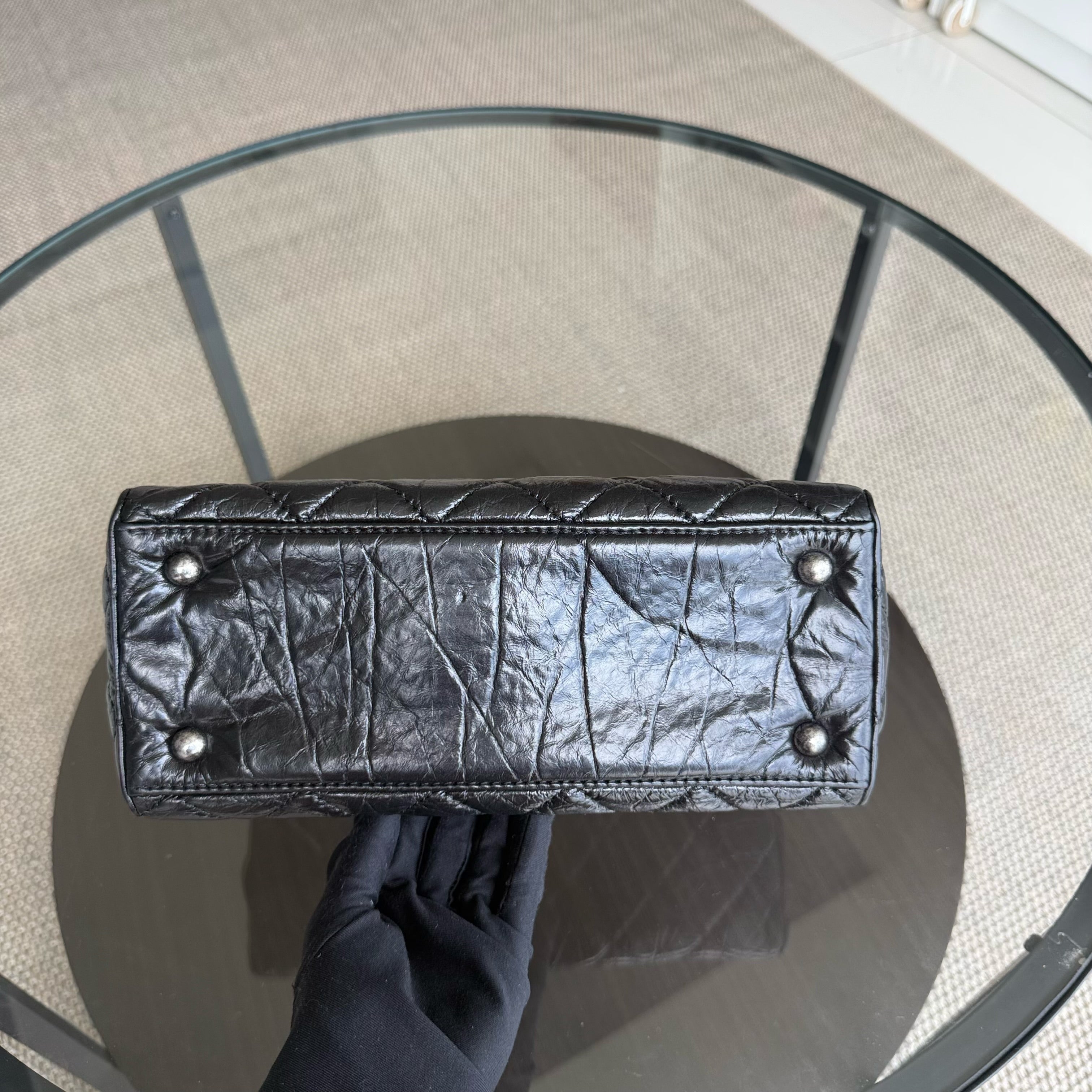 Chanel 2.55 Small Shopping Tote - Quilted Black Glazed Calfskin Silver Hardware Series 20