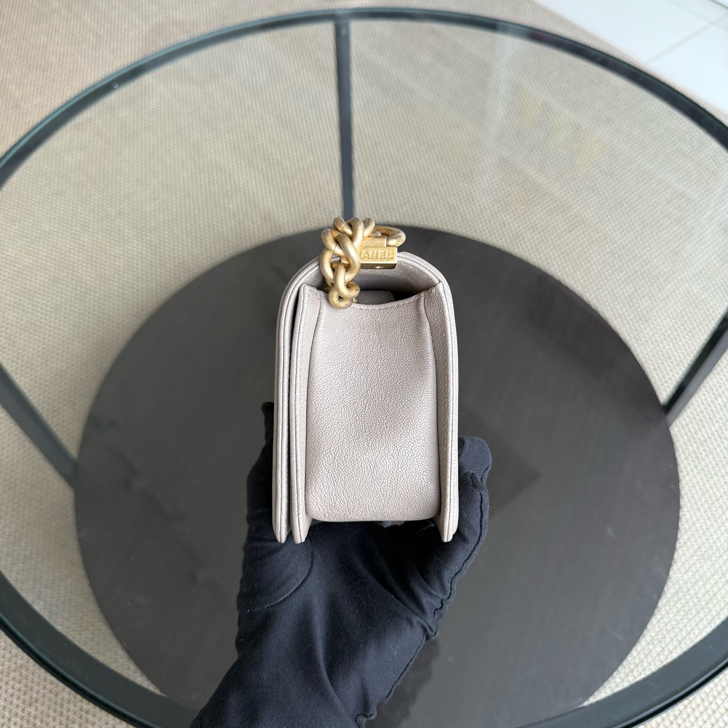 Chanel Boy Small - Caviar 20CM Quilted Grained Calfskin Grey Gray Gold Hardware Series 26