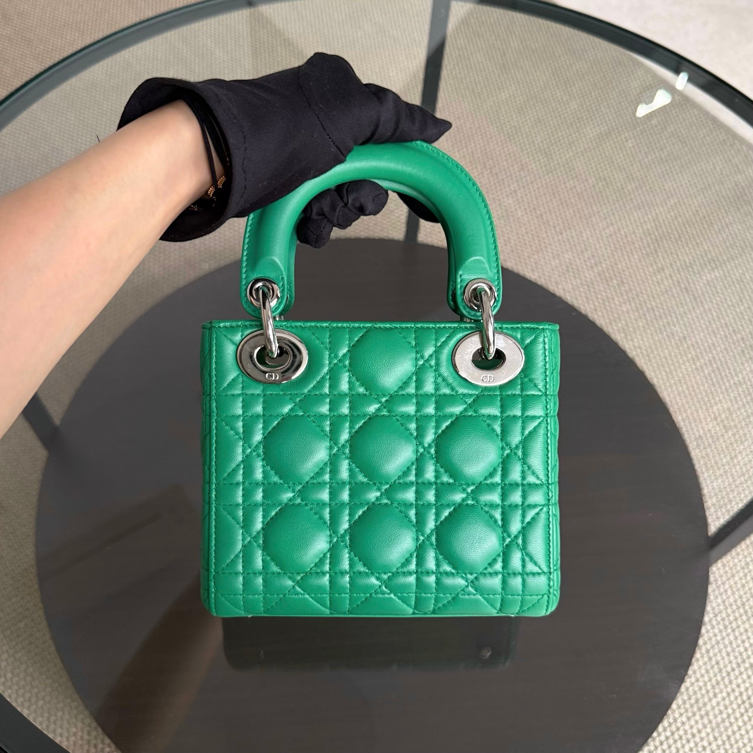 Dior Lady Mini - Cannage Lambskin Emerald Green Silver Hardware Adjustable Strap