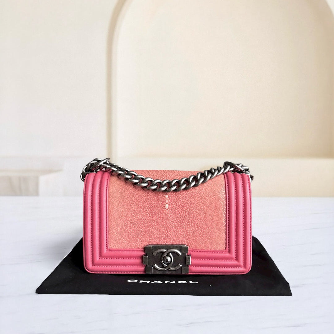 Chanel Boy Small - Stingray Pink Ruthenium Silver Hardware Series 18