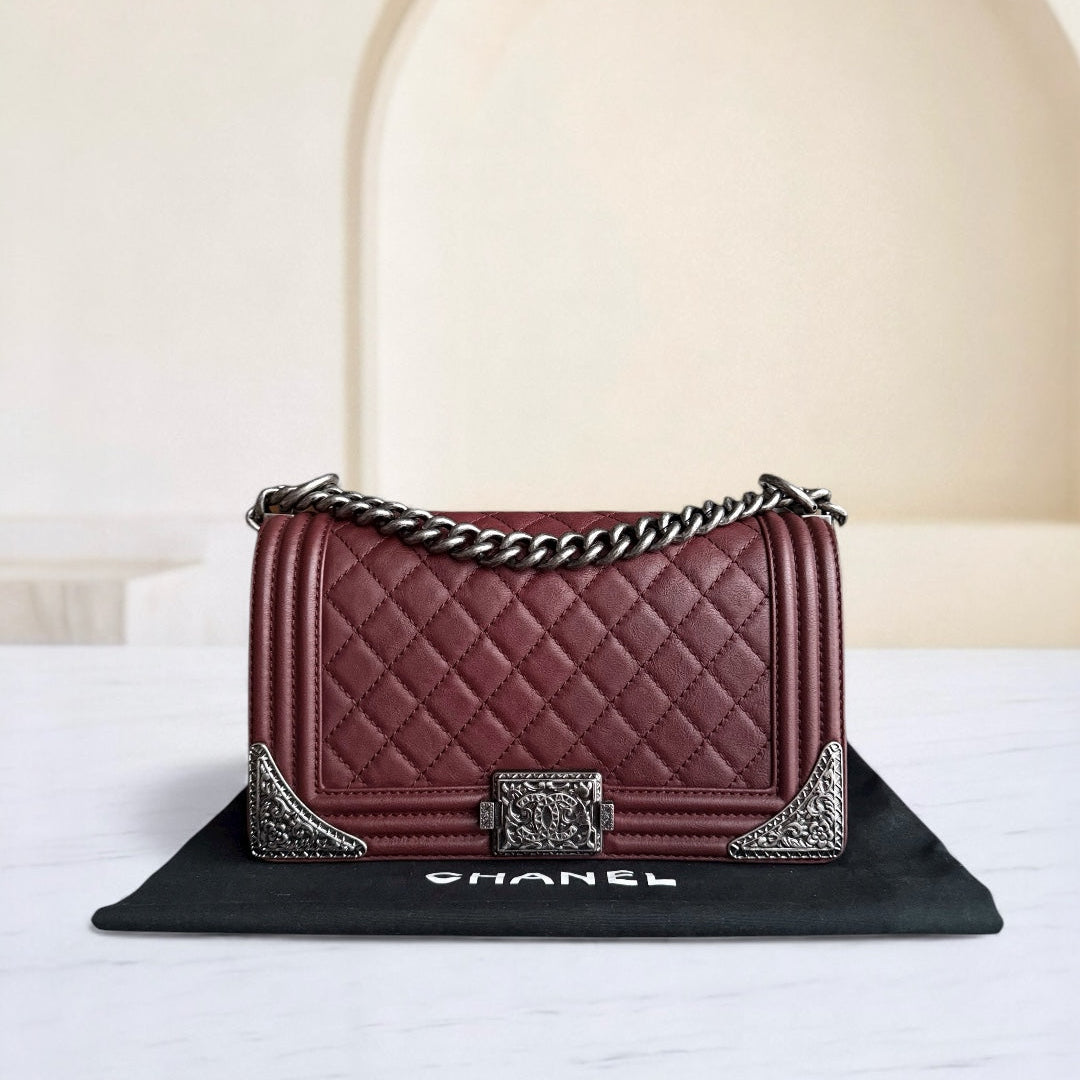 Chanel Boy Medium - 25CM Quilted Limited Edition Paris-Dallas Metal Edge Grained Calfskin Black Silver Hardware Series 19