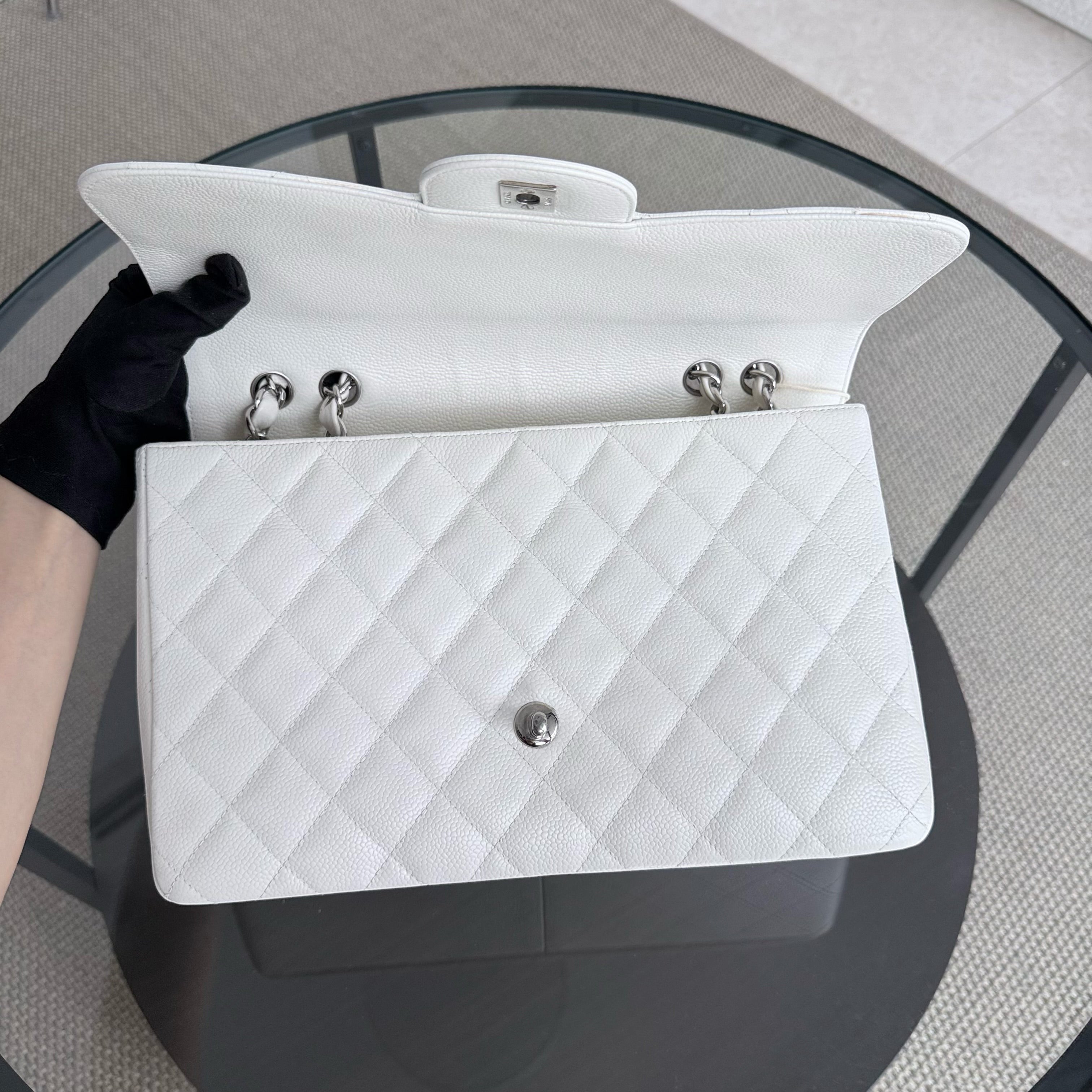 Chanel Classic Flap Jumbo - Caviar 30CM Single Flap Quilted White Silver Hardware Series 10