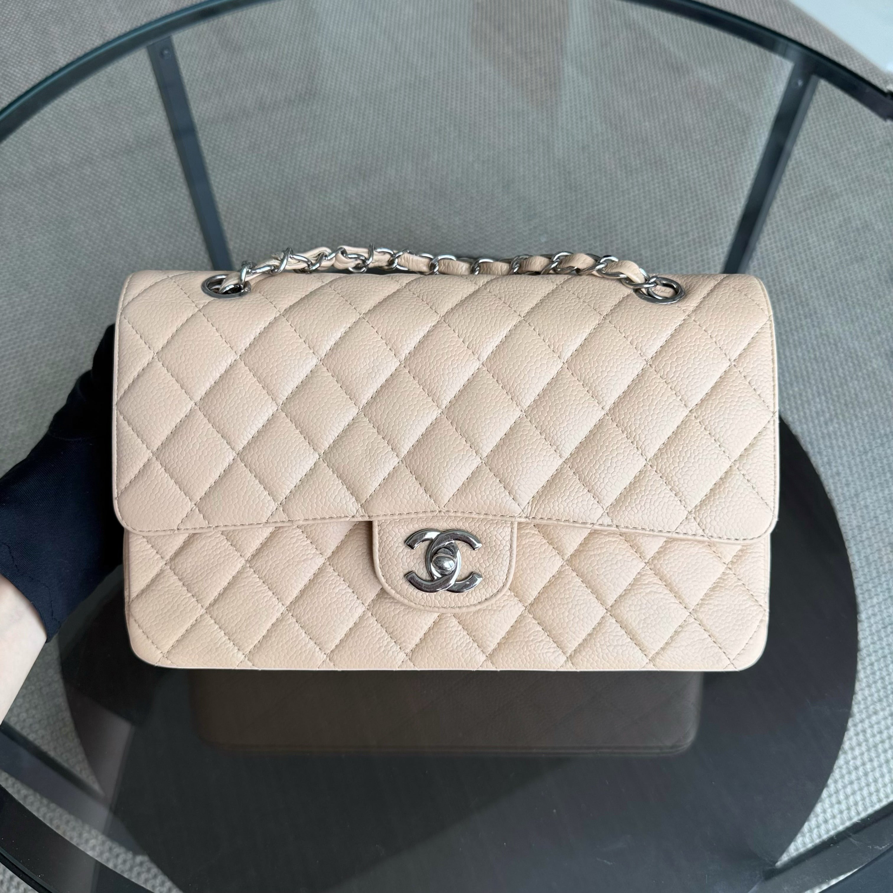 Chanel Classic Flap Medium - 25CM Quilted Caviar Beige Silver Hardware Series 12