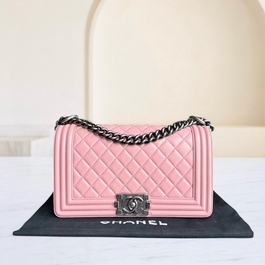 Chanel Boy Medium - Quilted Lambskin Light Pink Ruthenium Silver Hardware Series 20