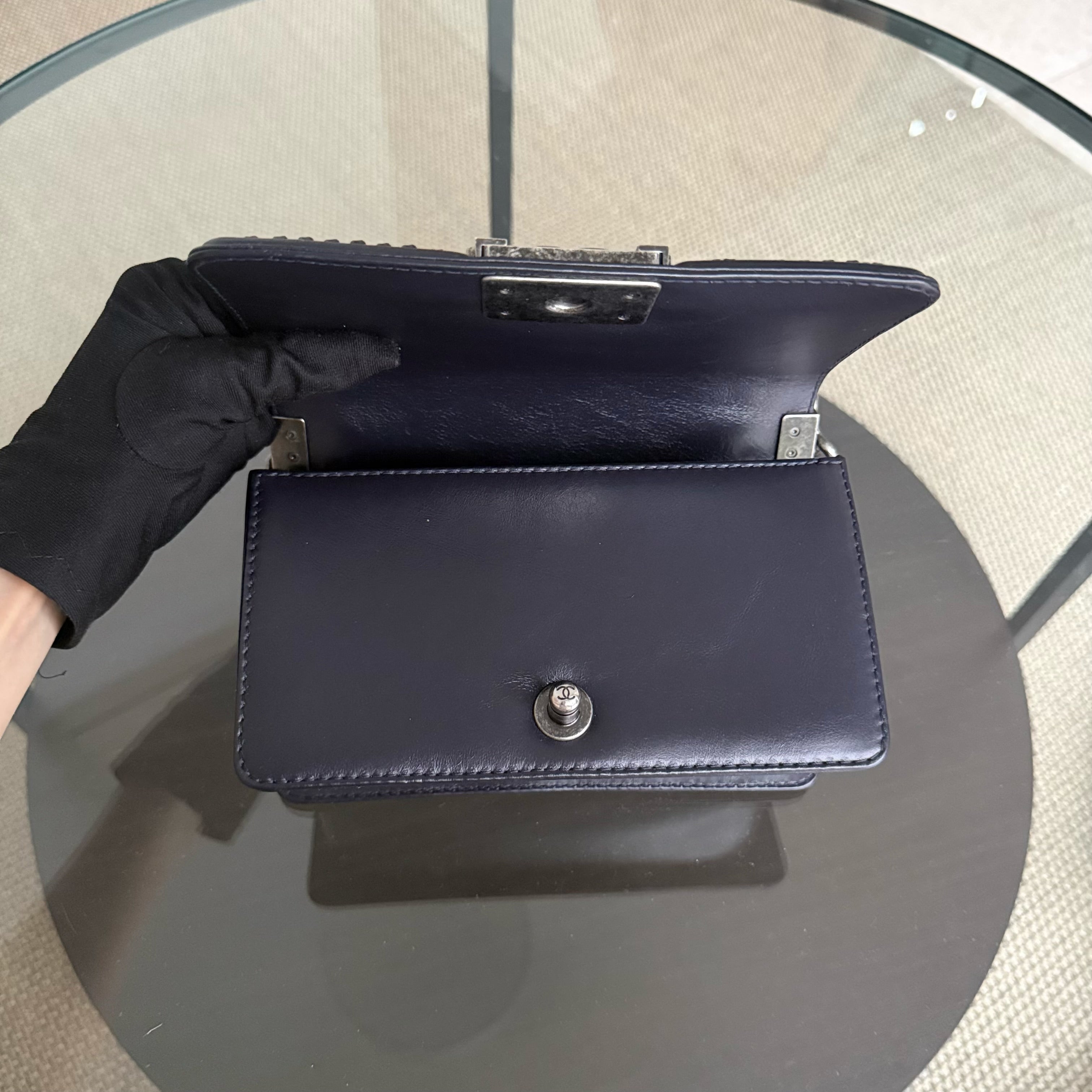 Chanel Boy Small Handle - 20CM Calfskin Chain Around Top Handle Limited Edition Dark Blue Ruthenium Silver Hardware Series 21