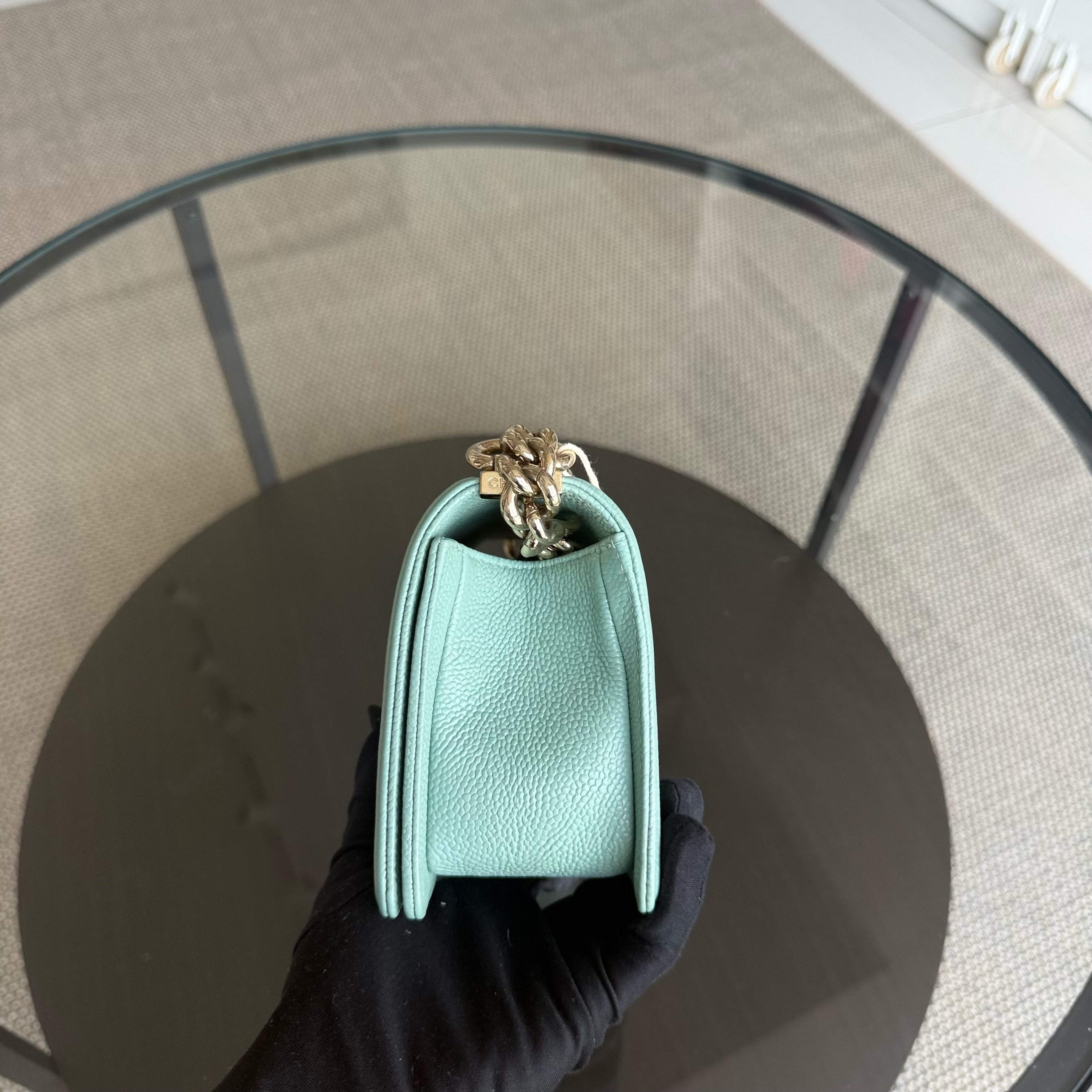 Chanel Boy Small - Caviar 20CM Quilted Tiffany Blue Gold Hardware Series 28