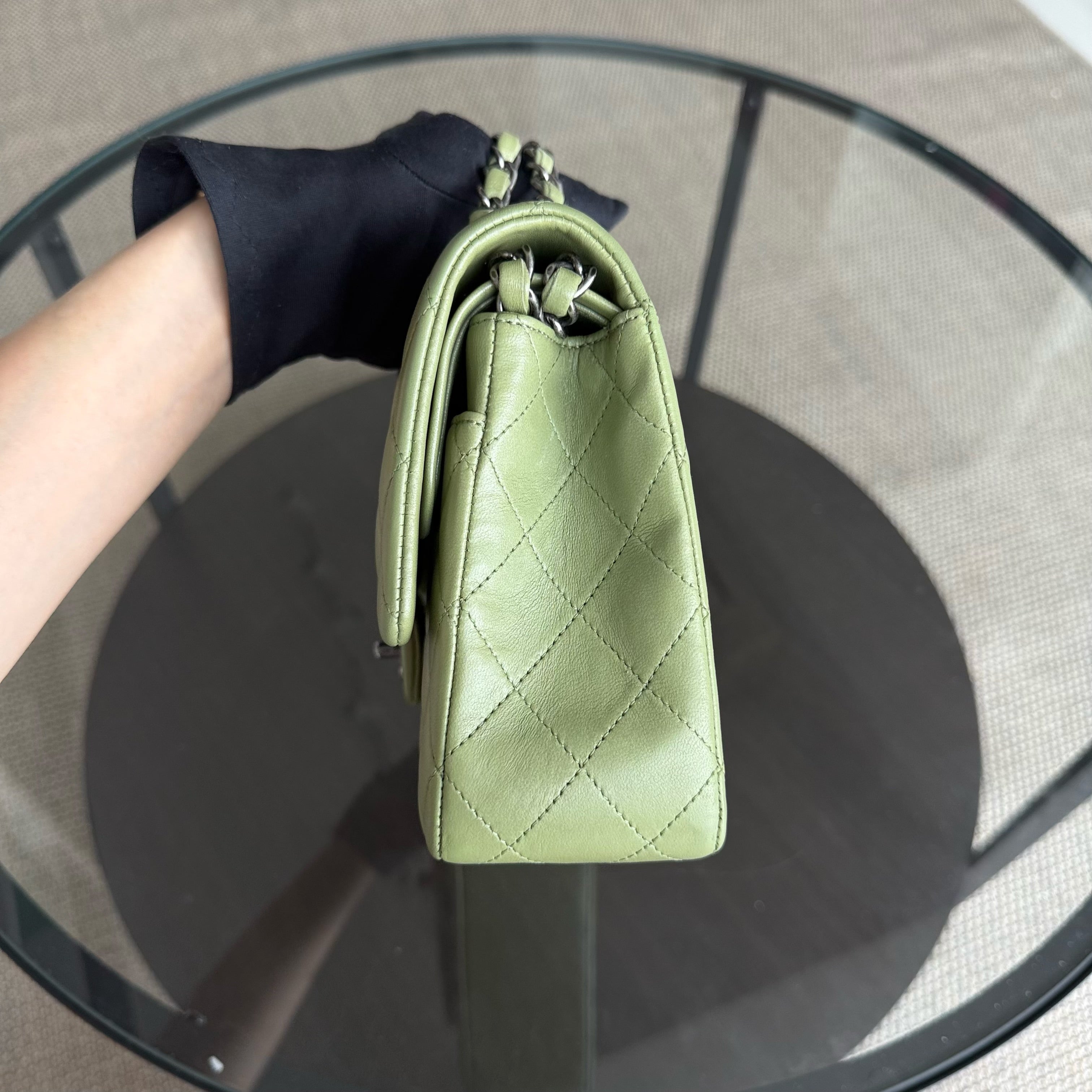Chanel Classic Flap Medium - 25CM Quilted Lambskin Olive Green Silver Hardware Series 19
