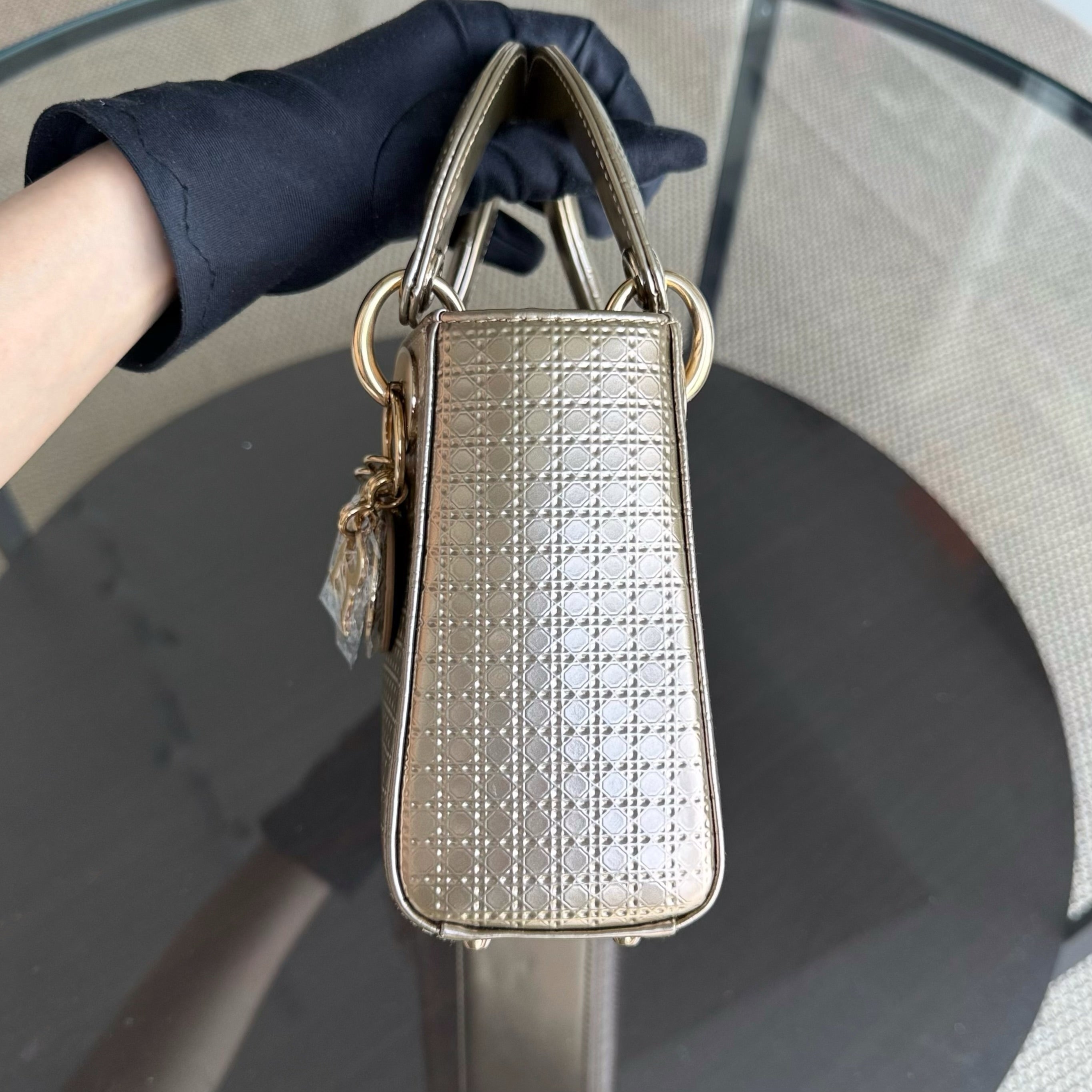 Dior Lady Mini - Calfskin Micro-Cannage Metallic Gold Gold Hardware Chain Strap