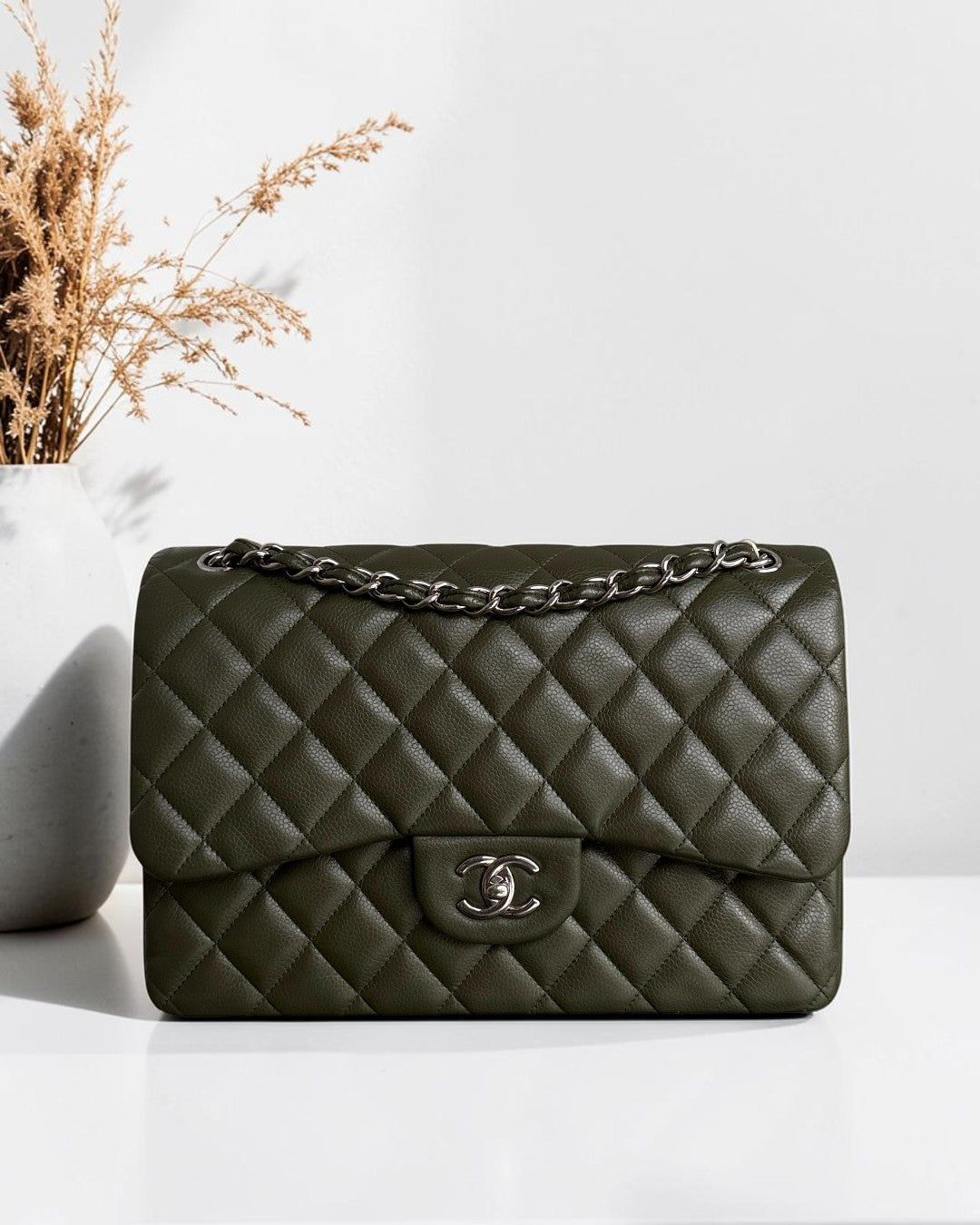 Chanel Classic Flap Jumbo - Caviar 30CM Double Flap Quilted Dark Army Green Silver Hardware Series 14