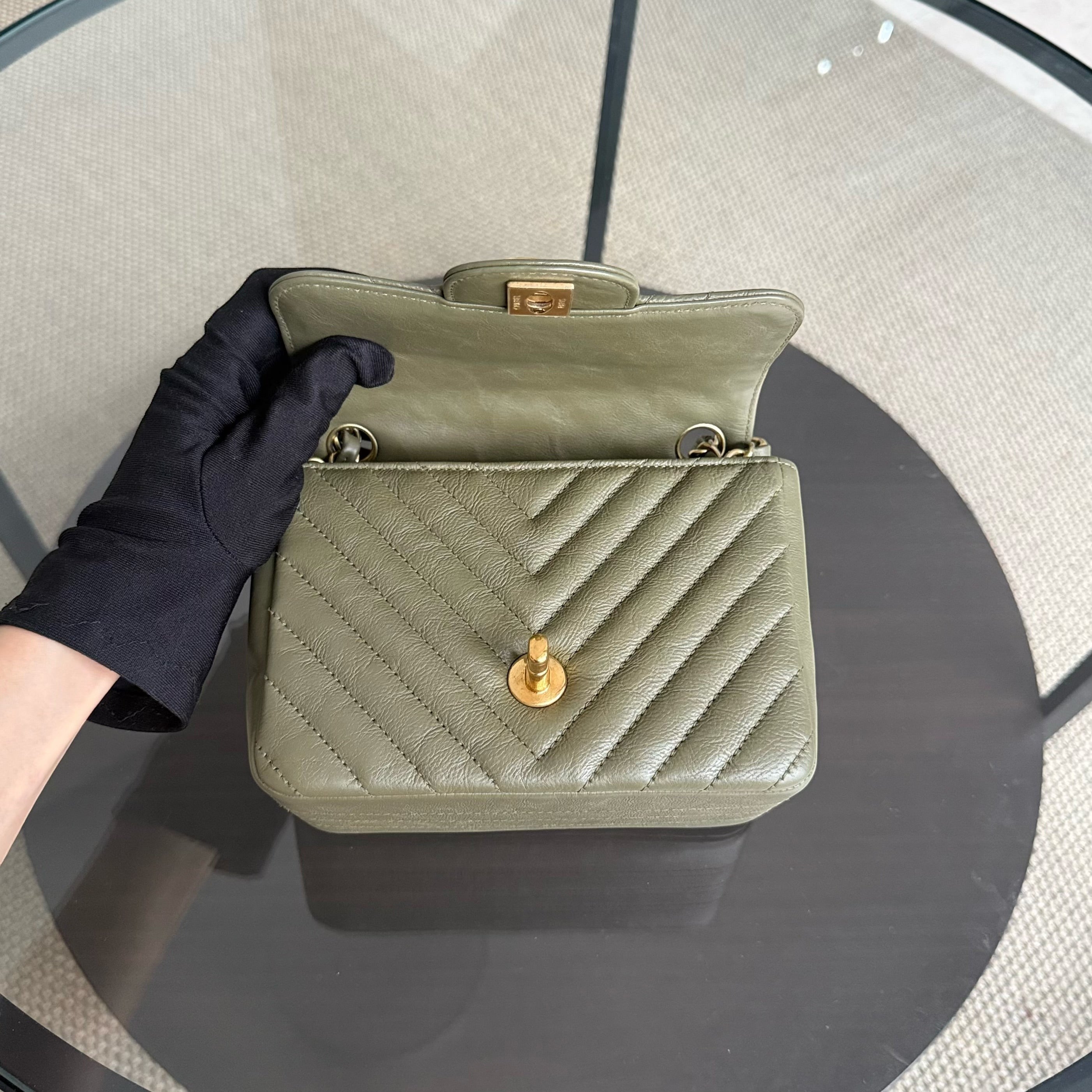 Chanel Classic Flap Mini Square - Calfskin Quilted Olive Green Gold Hardware Series 23