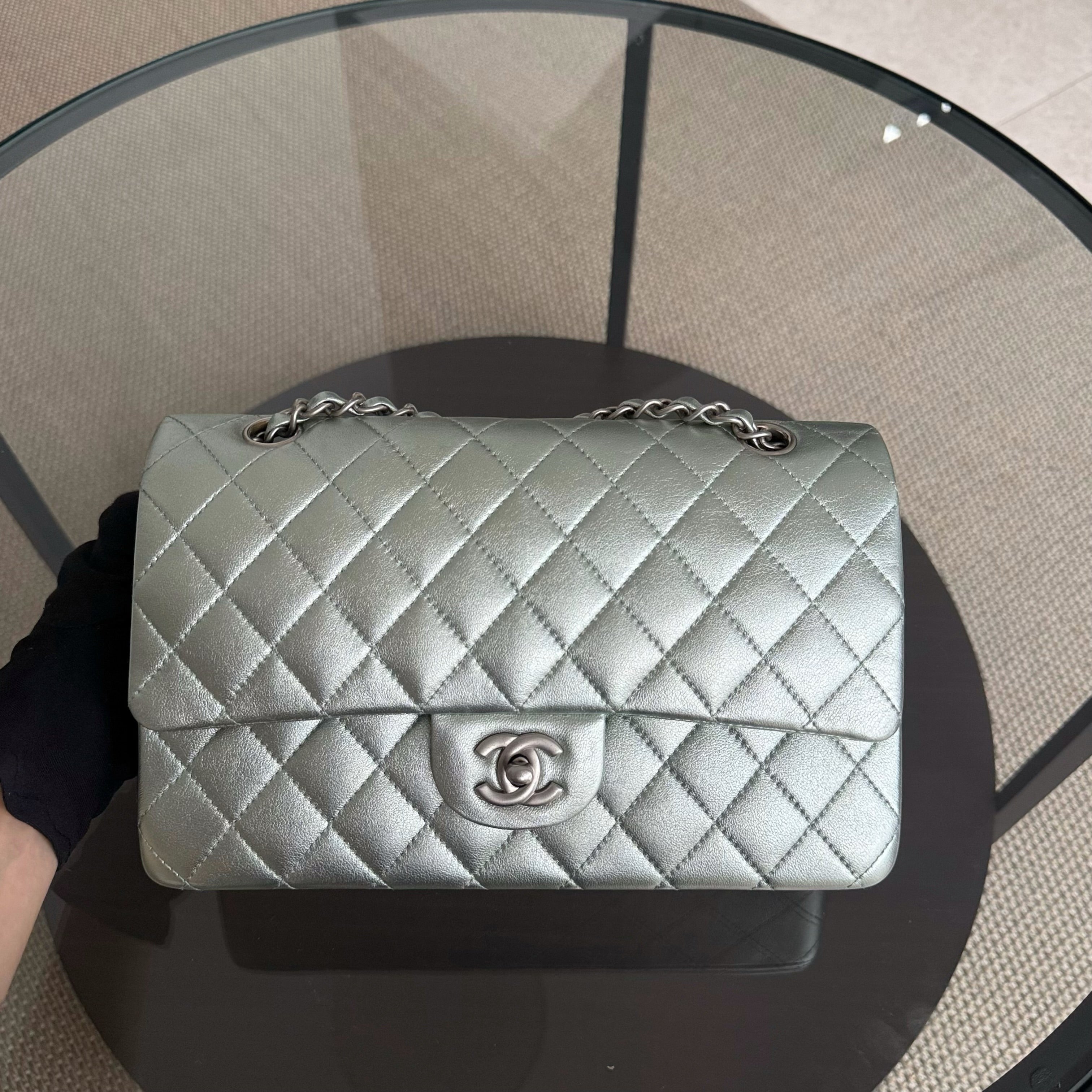 Chanel Classic Flap Medium - 25CM Quilted Lambskin Irridescent Light Green Silver Hardware Series 14