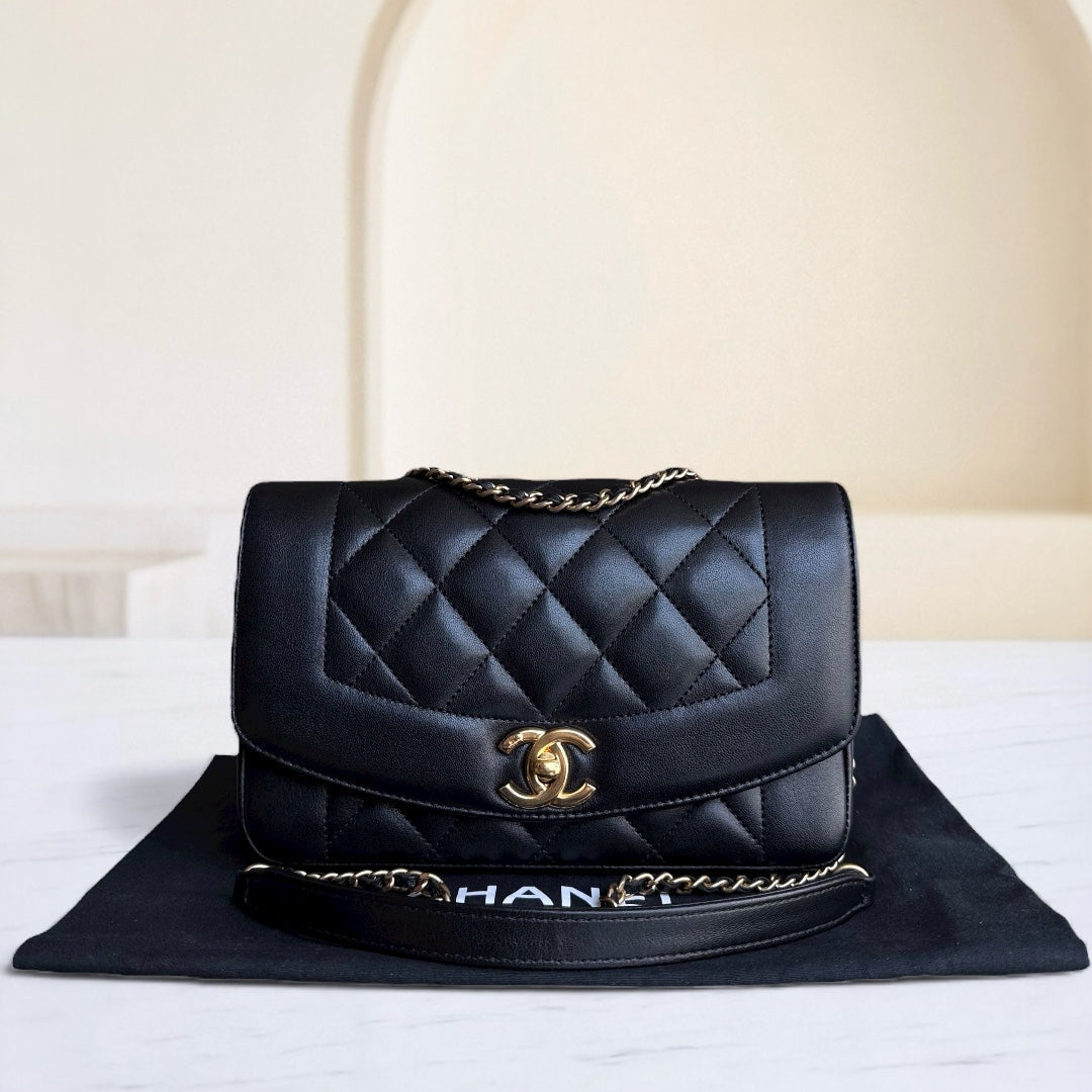 Chanel Diana Reissue Small - 22CM Quilted Lambskin Black Gold Hardware Series 20