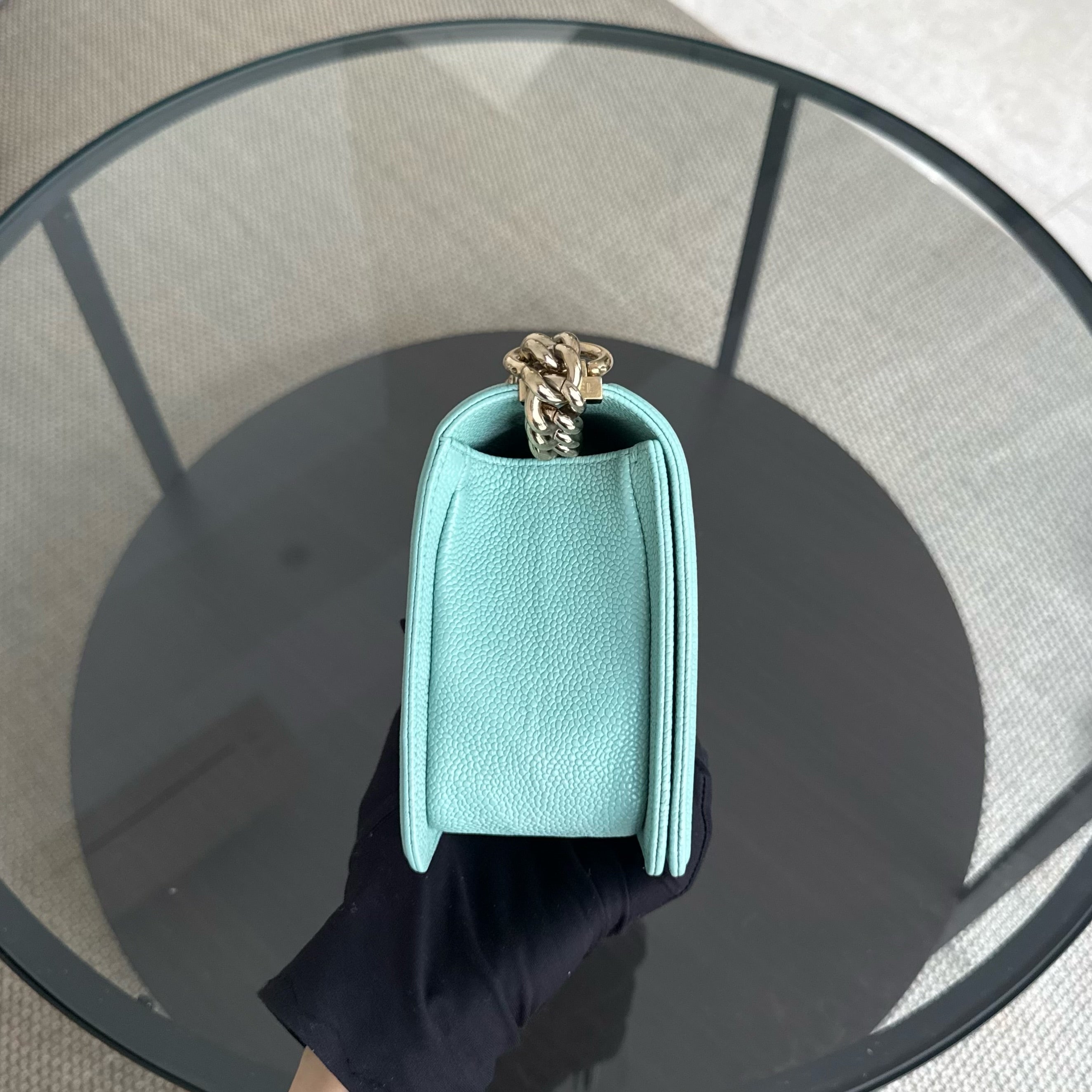 Chanel Boy Medium - 25CM Quilted Tiffany Blue Gold Hardware Series 29