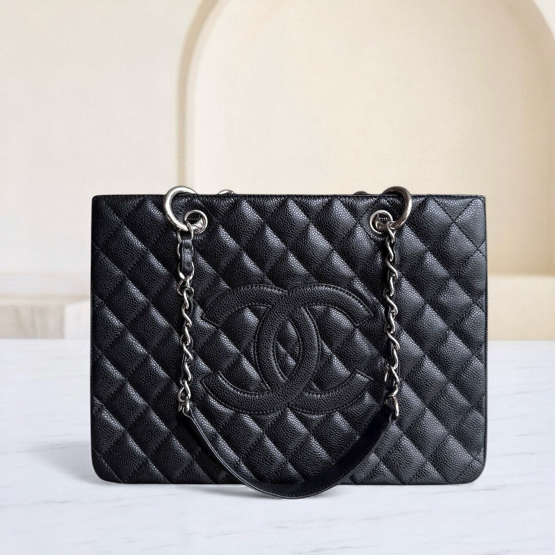 Chanel GST Grand Shopping Tote - Caviar Quilted Grained Calfskin Black Silver Hardware 13