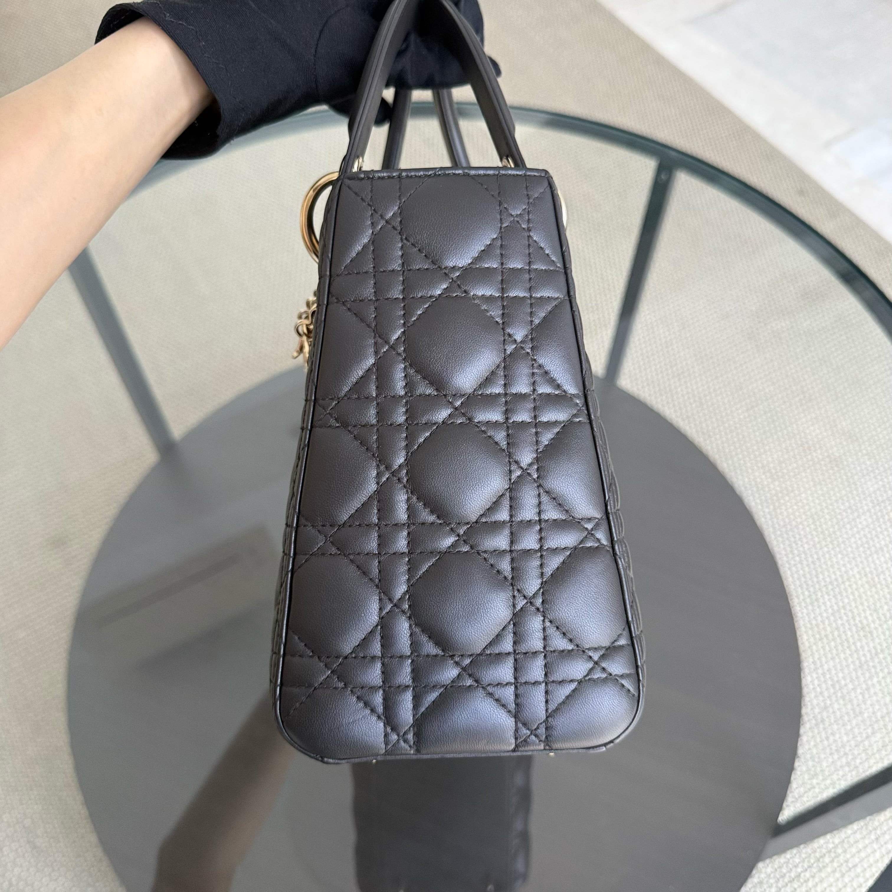 Dior Lady Medium - Cannage Lambskin Dark Gray Gold Hardware Adjustable Strap