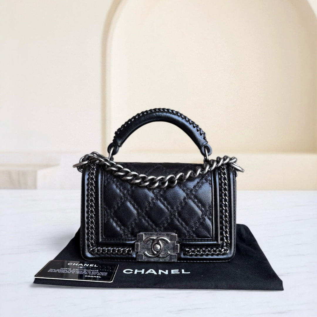 Chanel Boy Small Handle - 20CM Calfskin Chain Around Top Handle Limited Edition Black Ruthenium Silver Hardware Series 21