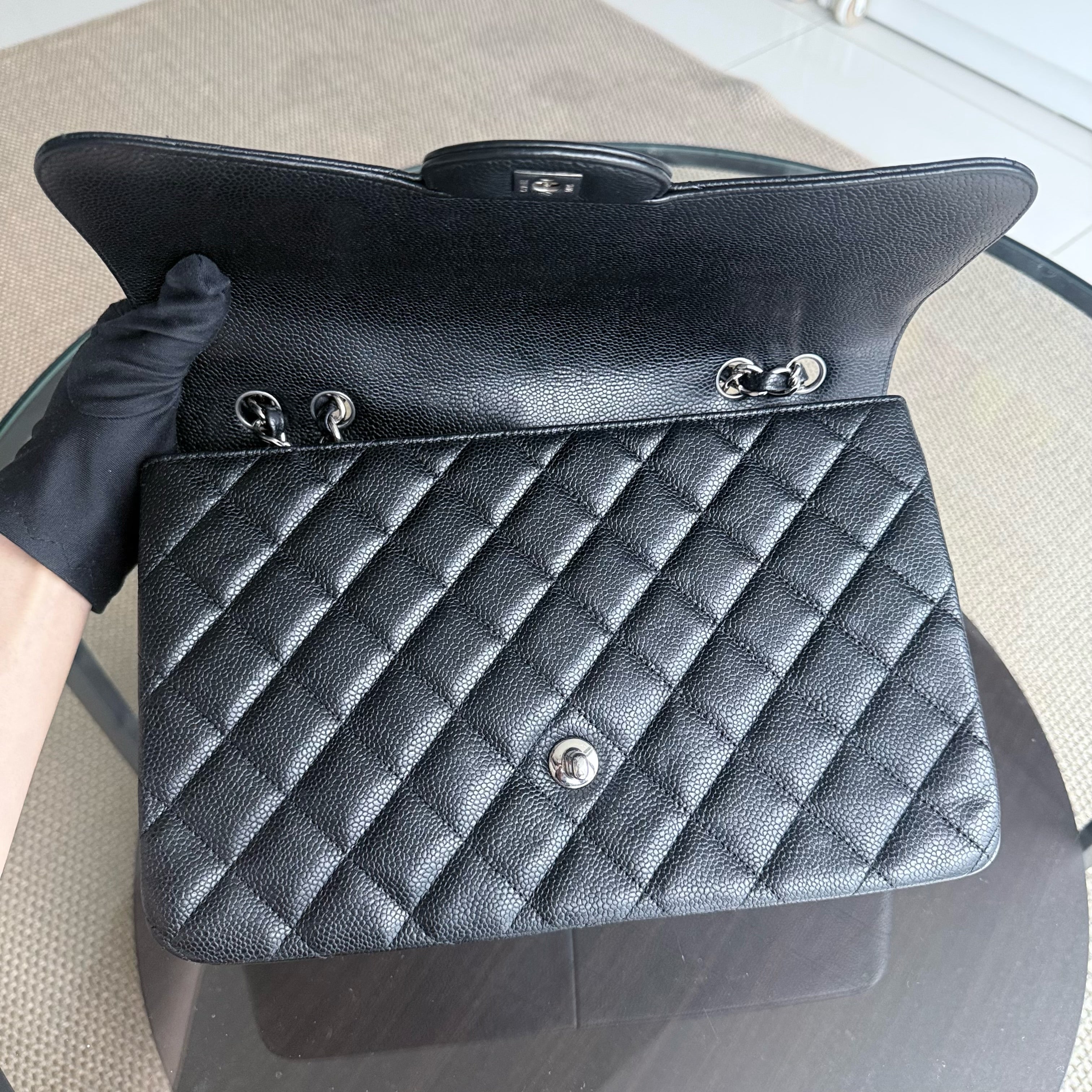 Chanel Caviar Jumbo Classic Flap Quilted Grained Calfskin Black Silver Hardware Series 13