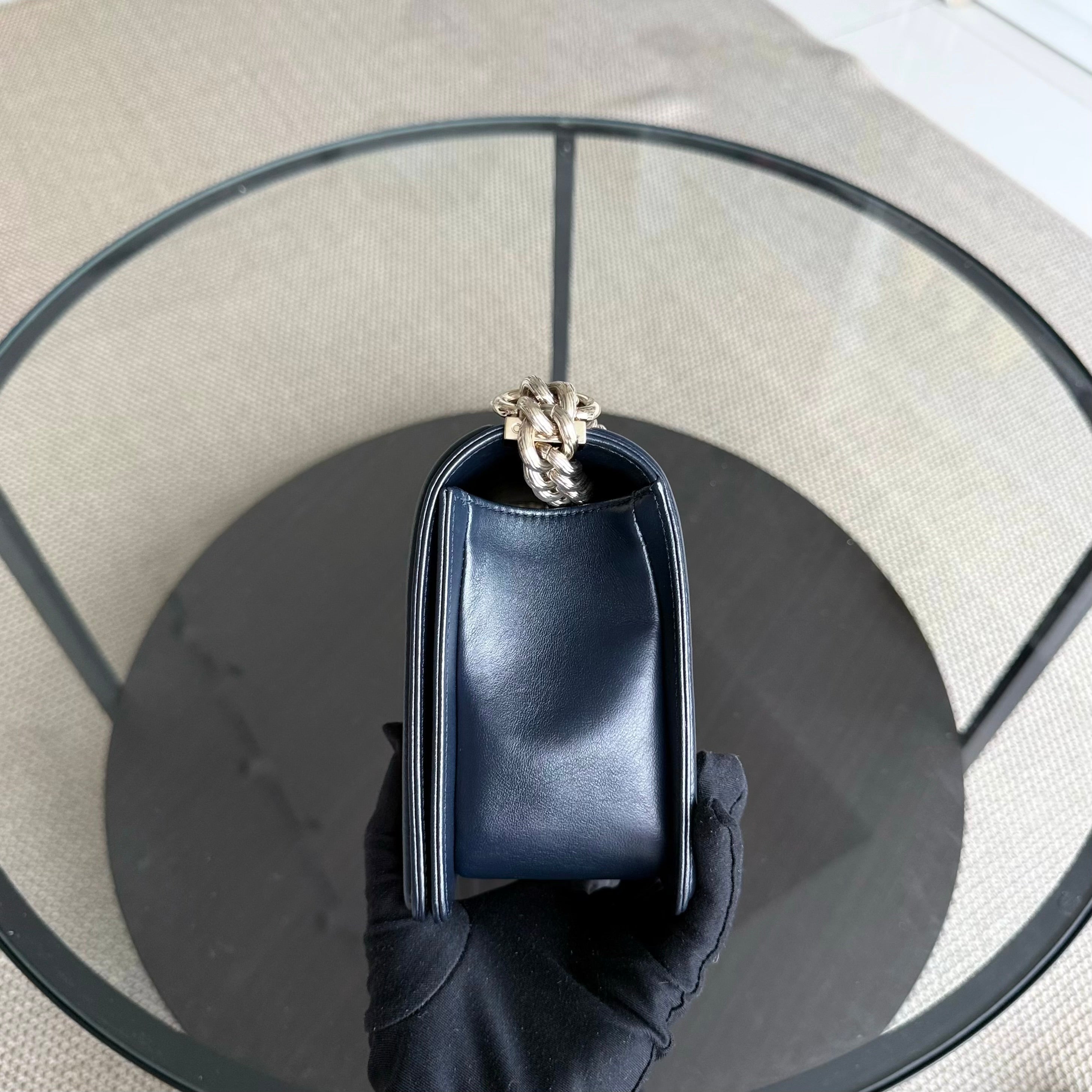 Chanel Boy Medium - 25CM Quilted Lambskin Dark Blue Gold Hardware Series 24