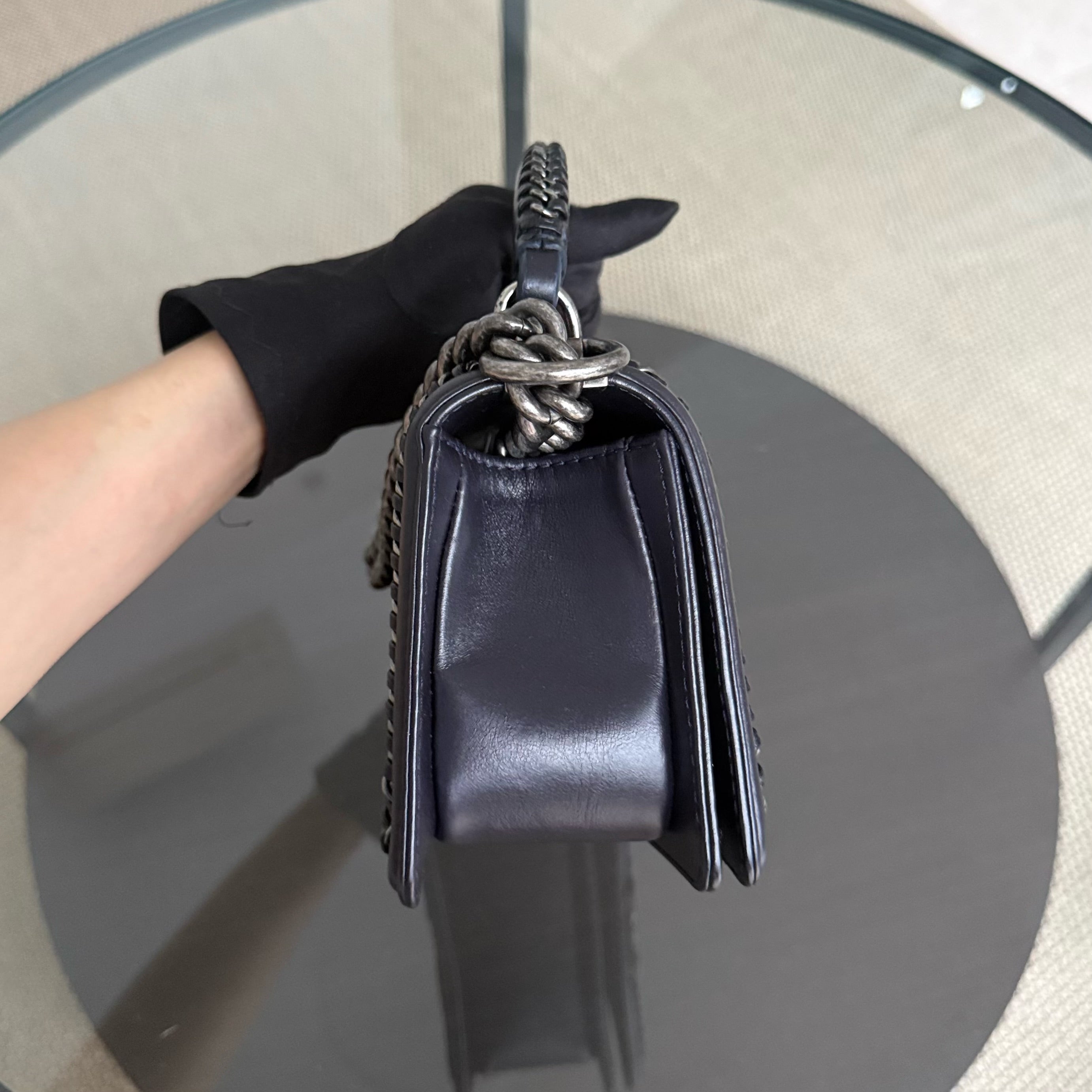 Chanel Boy Small Handle - 20CM Calfskin Chain Around Top Handle Limited Edition Dark Blue Ruthenium Silver Hardware Series 21