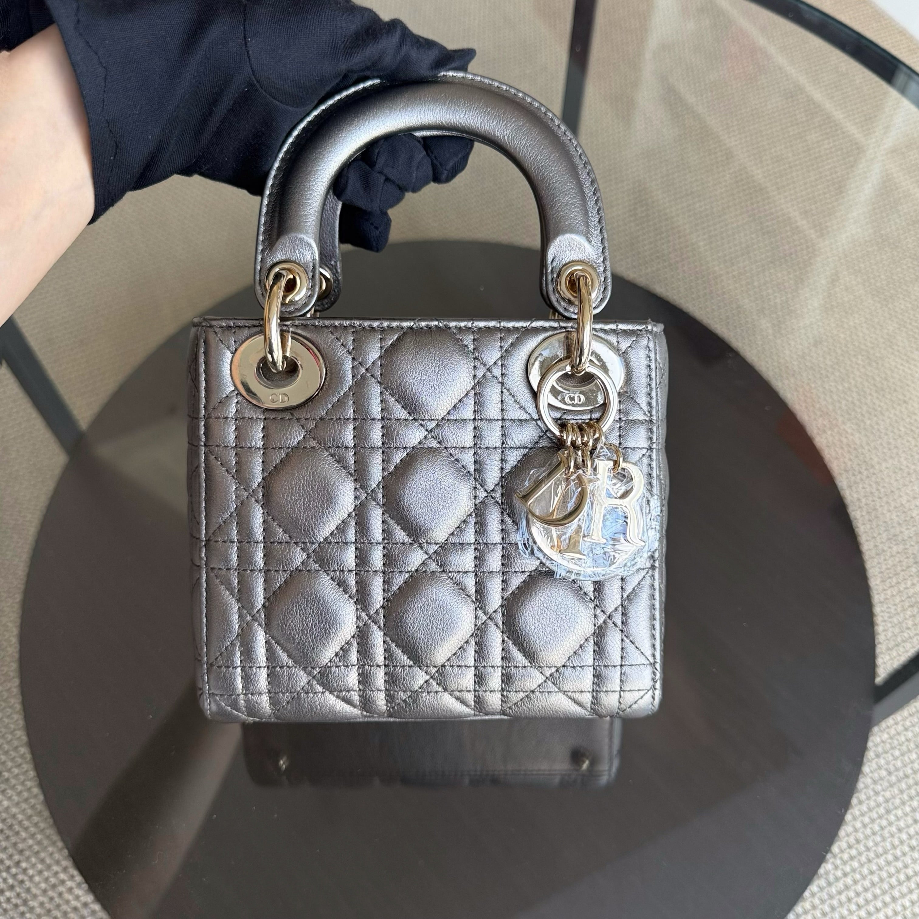 Dior Lady Mini - Cannage Calfskin Gunmetal Gold Hardware Chain Strap