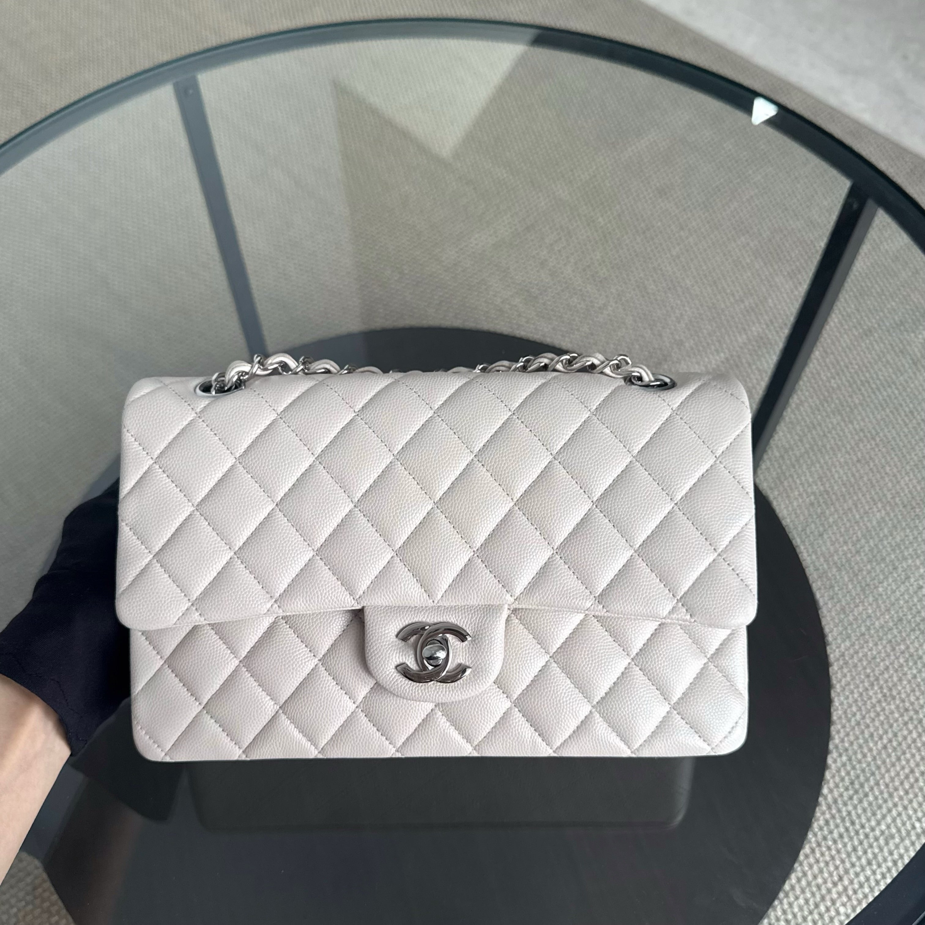 Chanel Classic Flap Medium - Caviar 25CM Quilted Double Flap Light Gray Grey Silver Hardware Series 26