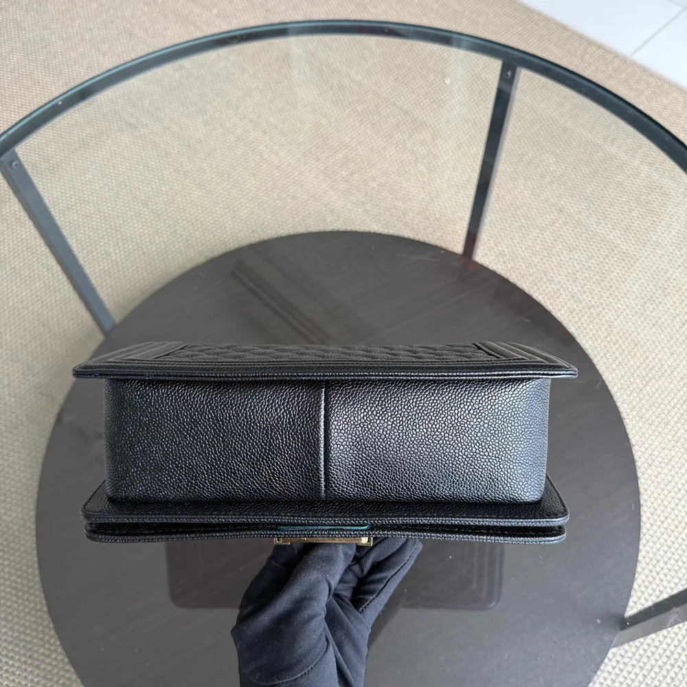 Chanel Boy Medium - Caviar 25CM Quilted Grained Calfskin Black Gold Hardware Series 19