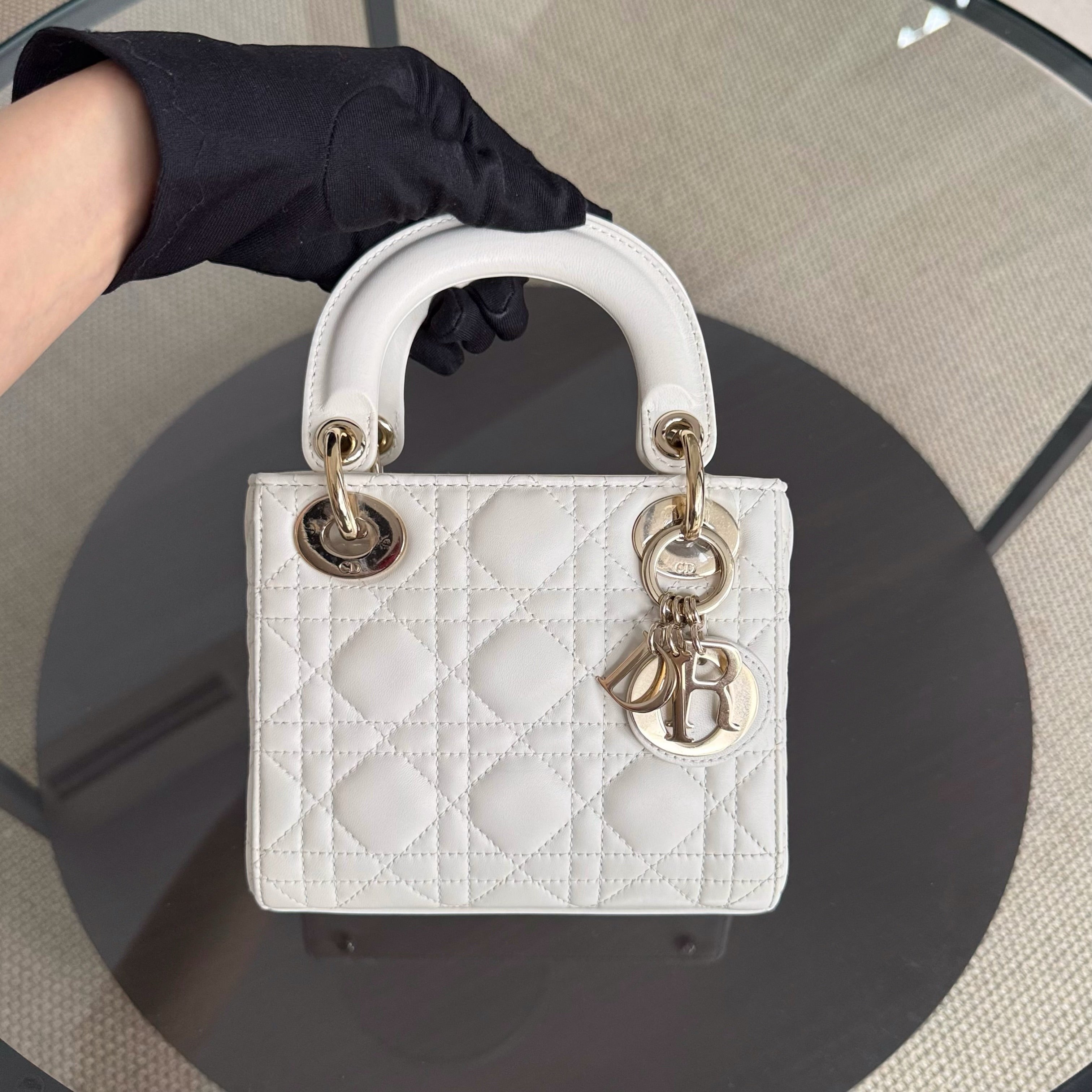 Dior Lady Mini - Year 2024 Cannage Lambskin White Gold Hardware Chain Strap