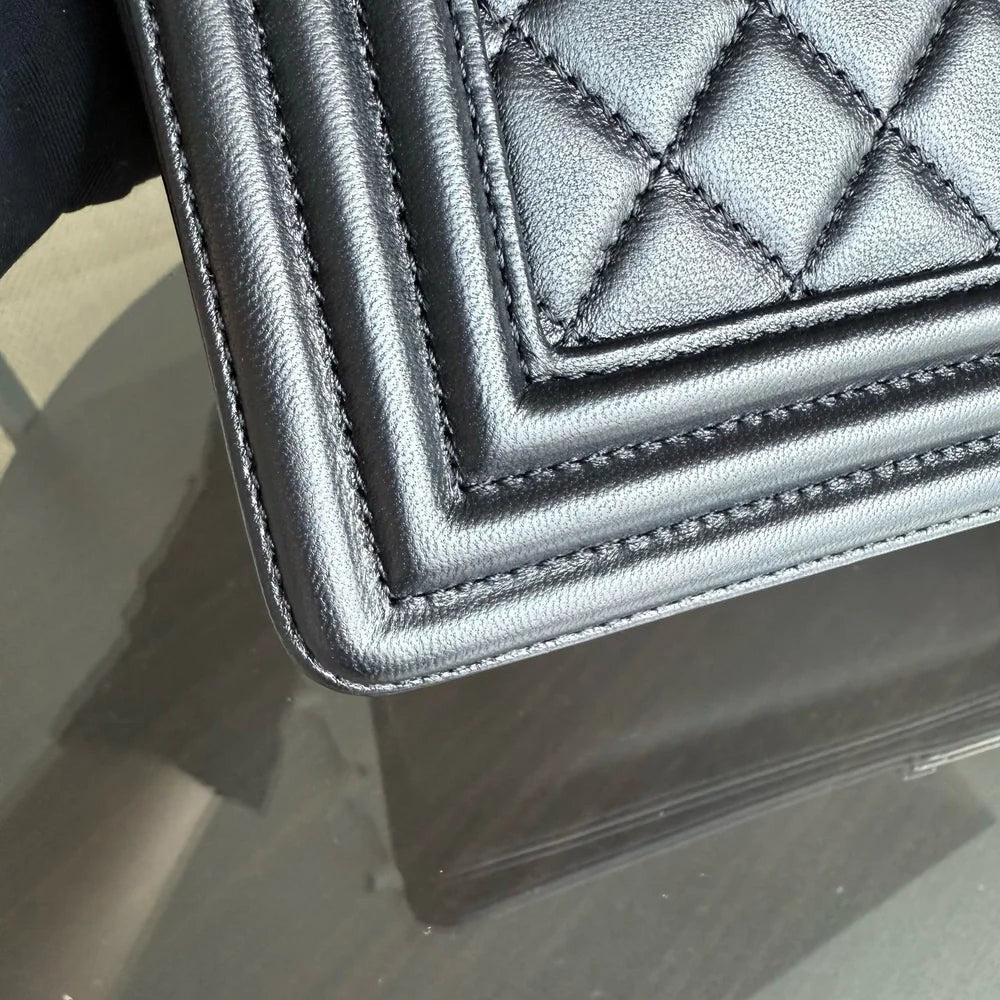 Chanel Boy New Medium - 28CM Quilted Lambskin Black Silver Hardware Series 23