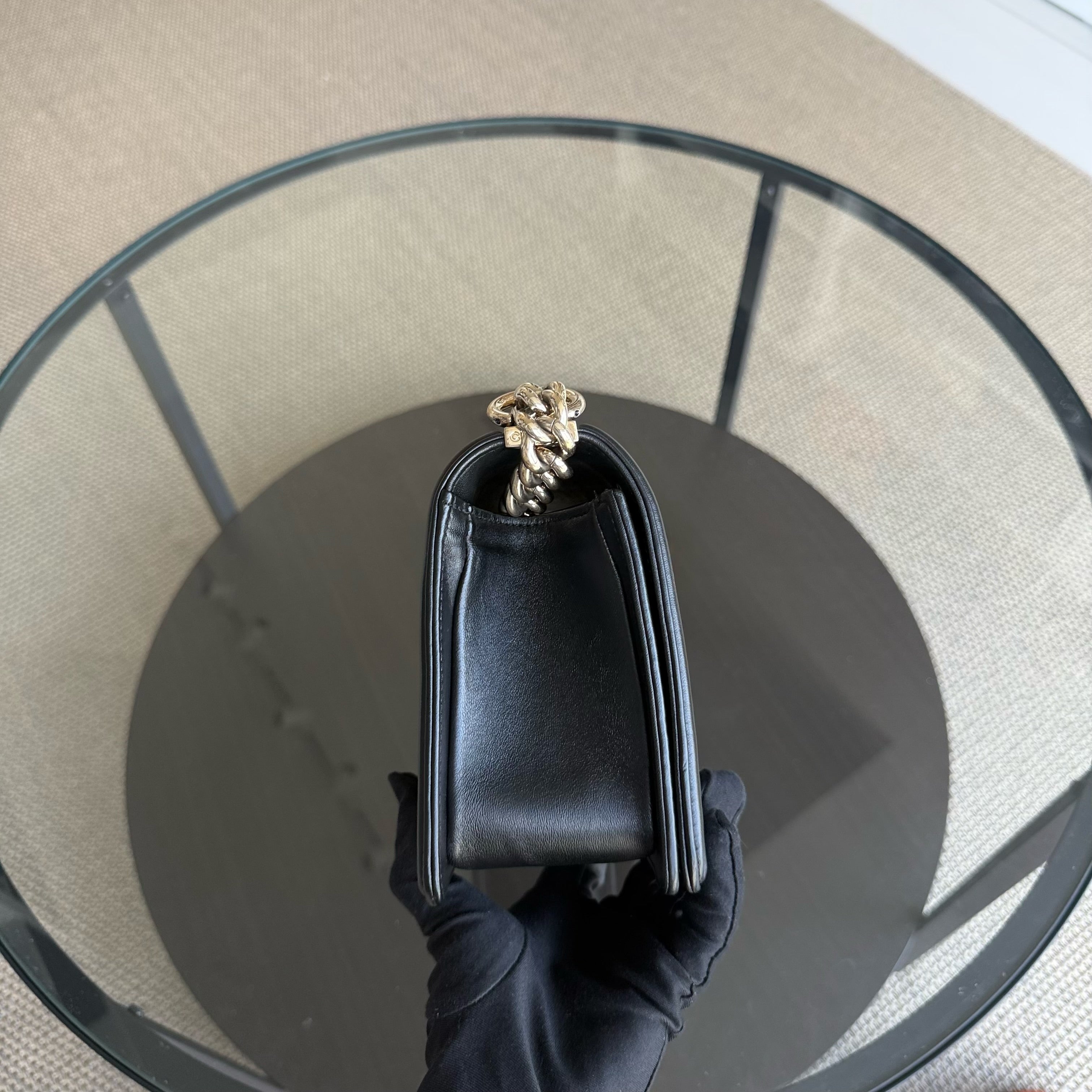 Chanel Boy Medium - 25CM Chevron Calfskin Black Aged Gold Hardware Series 23