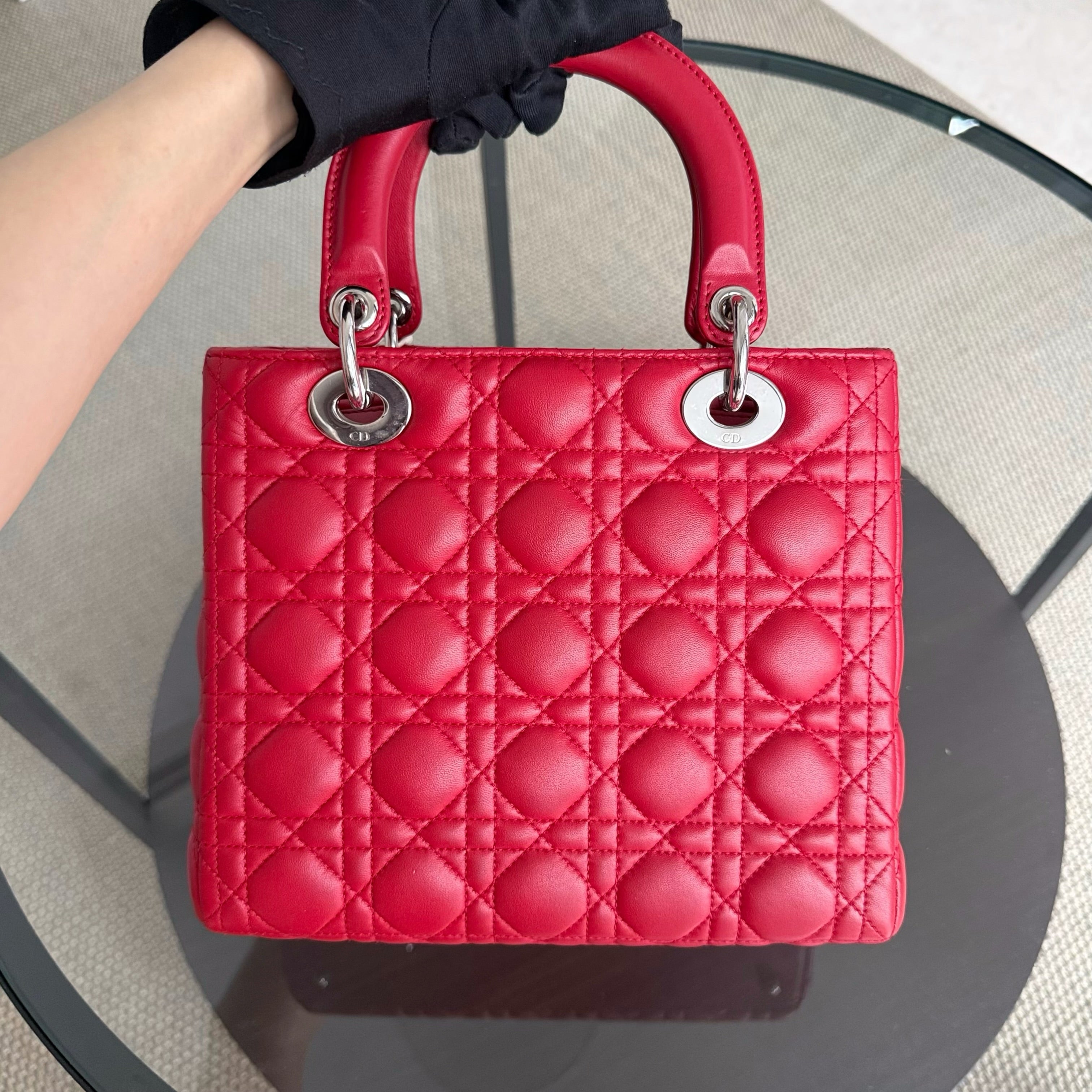 Dior Lady Medium - Cannage Lambskin Red Silver Hardware