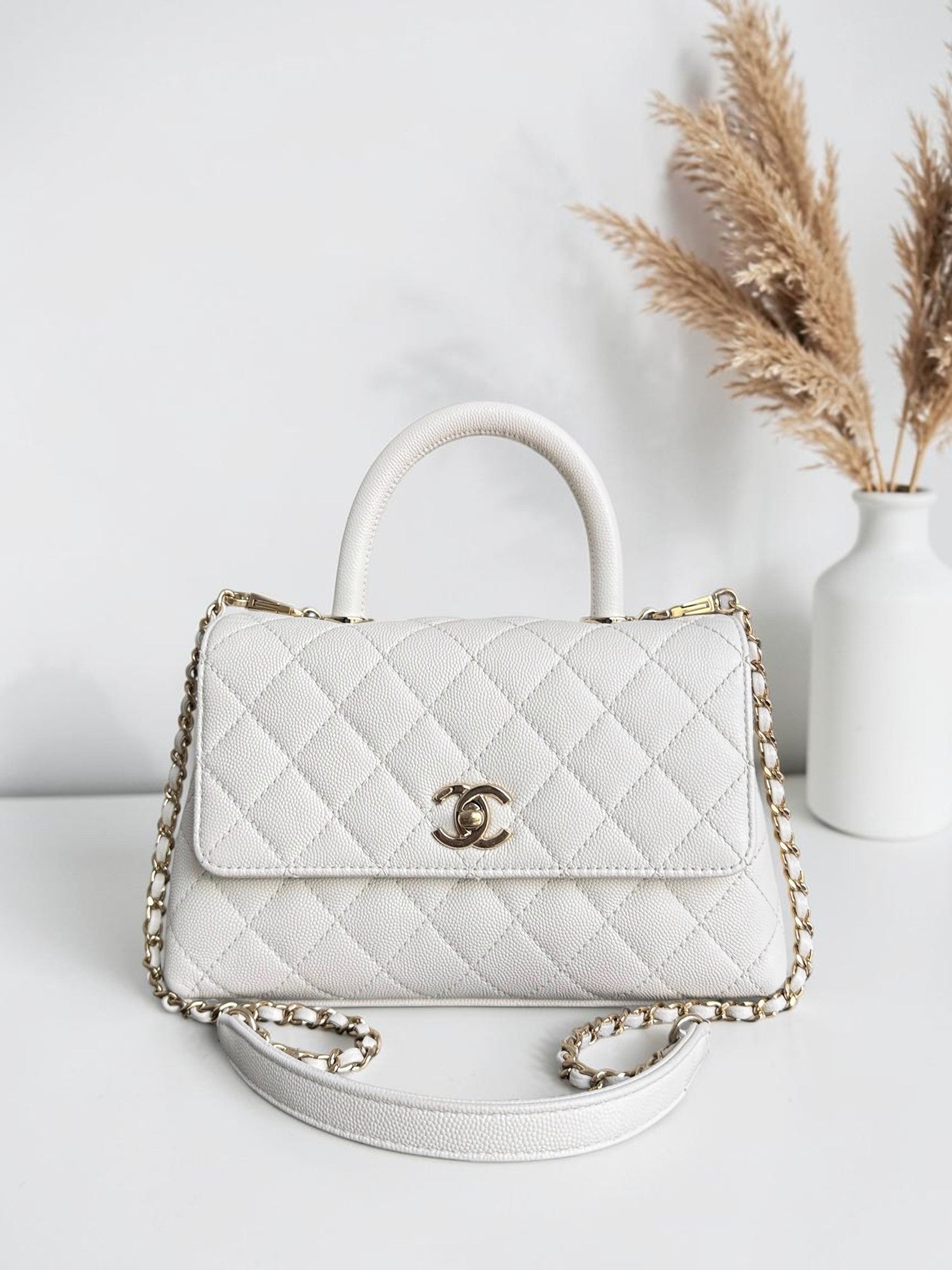 Chanel Coco Handle Small - 24CM Caviar Quilted White Gold Hardware Microchip