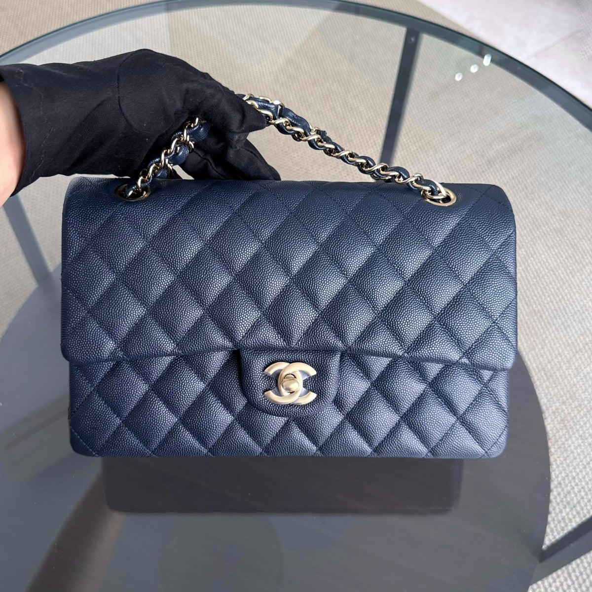Chanel Classic Flap Medium - Caviar 25CM Quilted Midnight Blue Light Gold Hardware Series 26